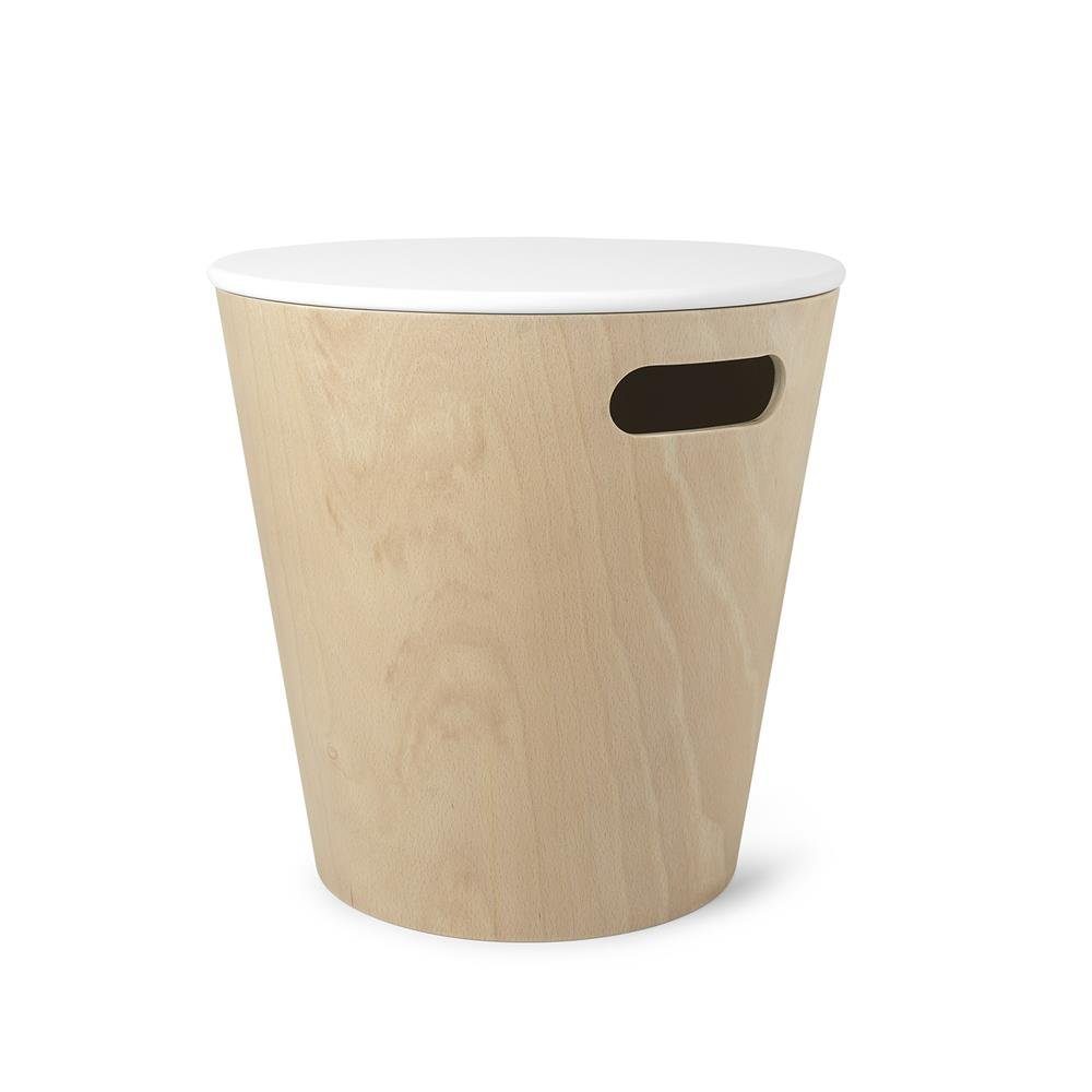 Umbra Sitzhocker Woodrow mane und Hocker mit Staufläche, Beistelltisch, Hocker, Fußhocker, Aufbewahrungsbox, Papierkorb mit Deckel, Weiß / Natur | Kantenhocker