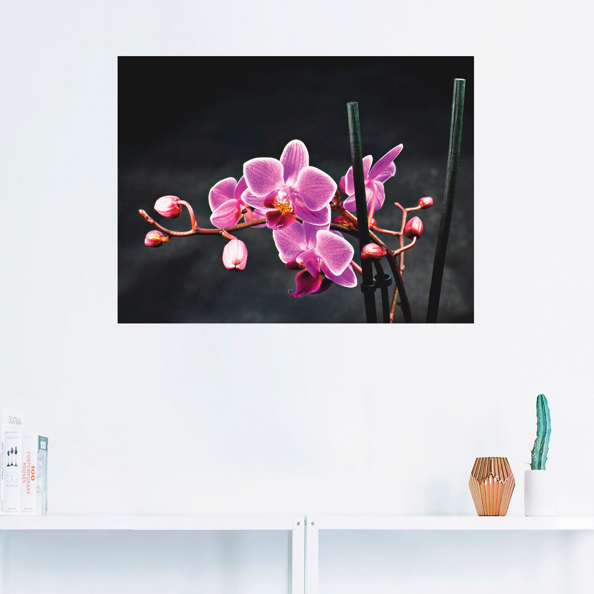 schwarzem Leinwandbild, Wandbild versch. Größen Artland St), (1 Hintergrund, Orchidee vor Blumen Eine in als oder Wandaufkleber Poster