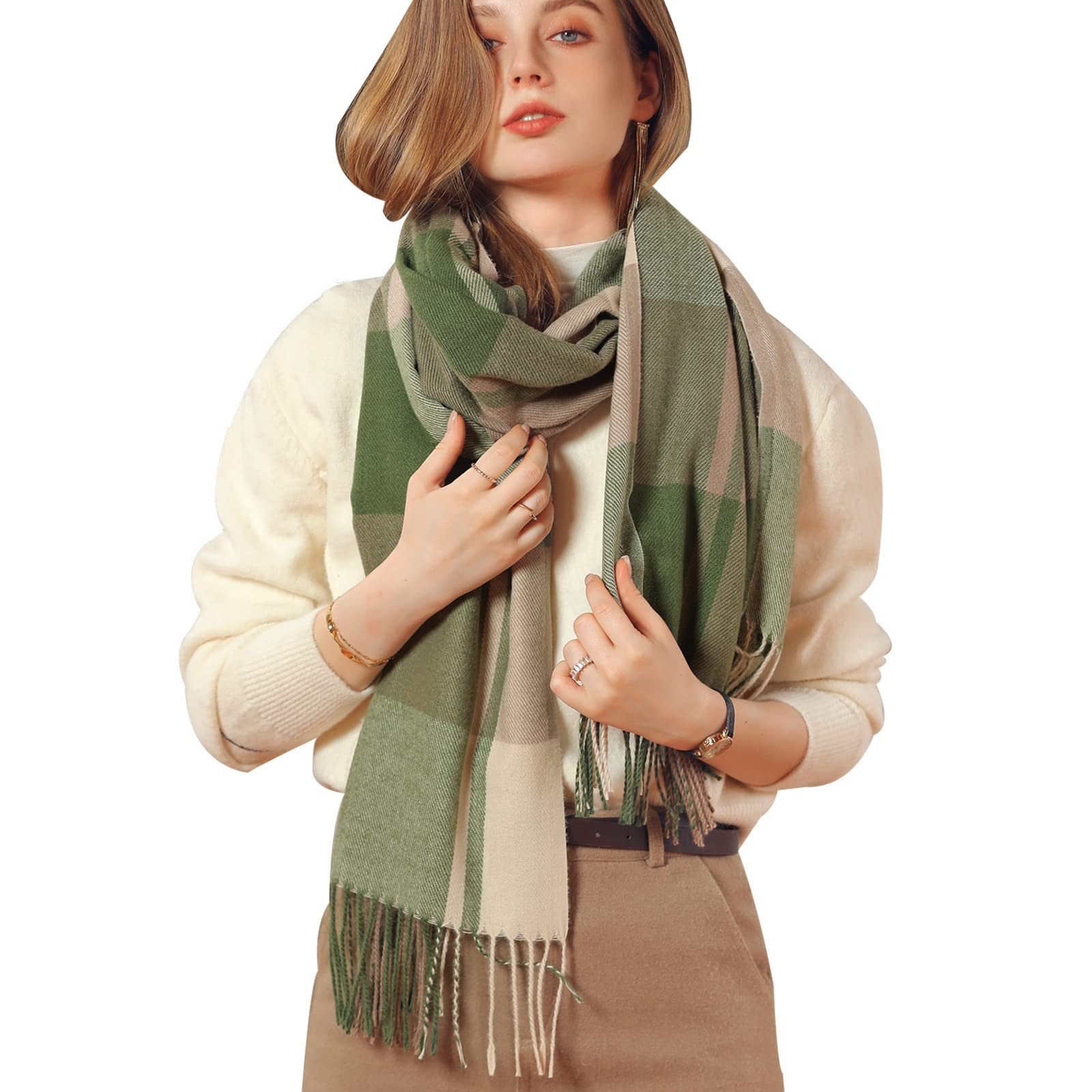 Cachito Modeschal Damen Kariert Oversized Schal mit Fransen, Winterschal Weich Wraps, Karo Fransen Schals Warm für Herbst Winter, Mischfarbe