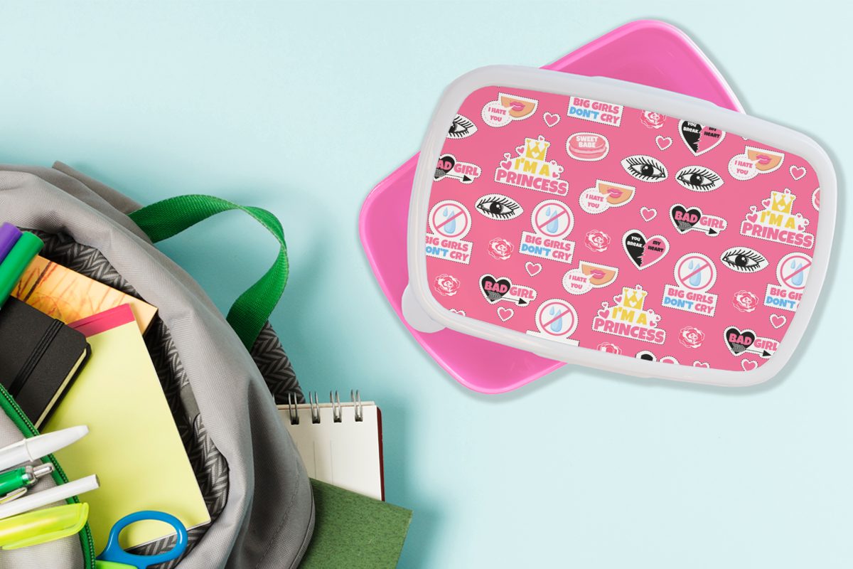 MuchoWow Lunchbox Mädchen (2-tlg), - Mädchen, Muster, Rosa Brotdose Kinder, Prinzessin Kunststoff - Kunststoff, Brotbox Erwachsene, Snackbox, - für