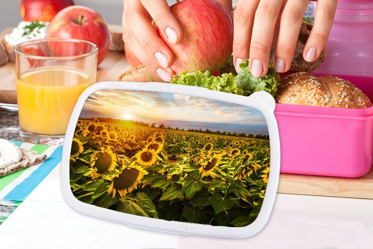 Lunchbox (2-tlg), Mädchen, Brotdose für Kunststoff Himmel, Brotbox Sonnenblume Erwachsene, Snackbox, Kinder, rosa Kunststoff, Blumen MuchoWow - -