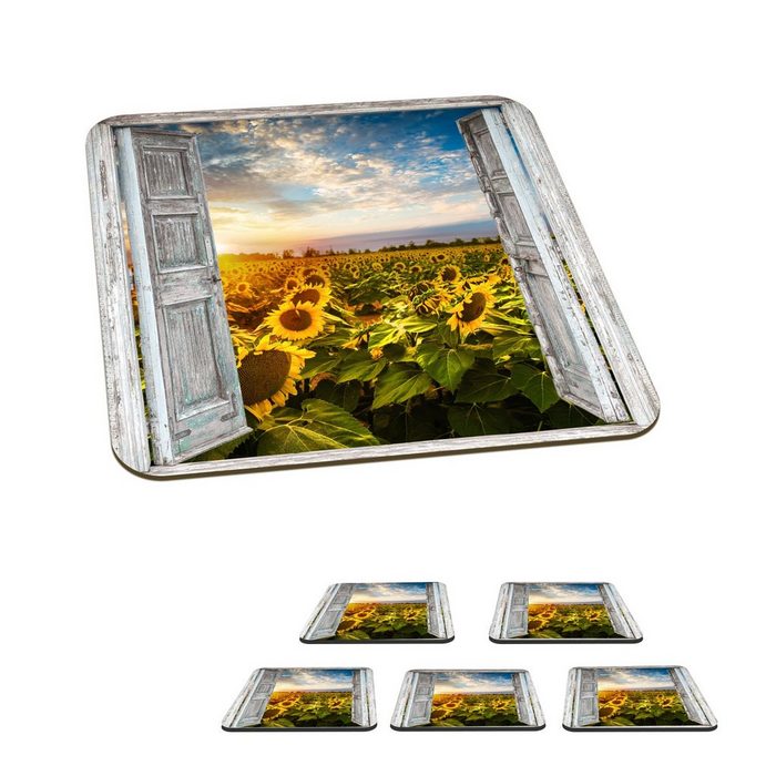 MuchoWow Glasuntersetzer Transparent - Sonnenblume - Blumen - Sonne Zubehör für Gläser 6-tlg. Glasuntersetzer Tischuntersetzer Korkuntersetzer Untersetzer Tasse