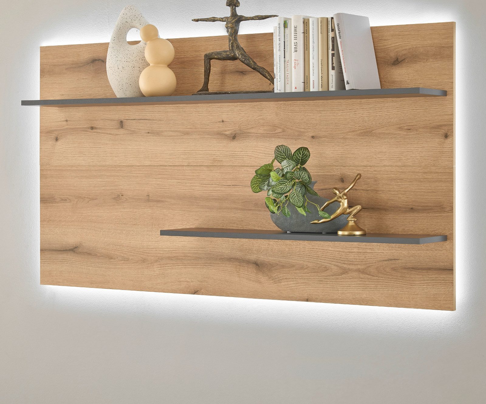 Furn.Design Wandregal Center, Wandpaneel in Eiche Evoke und grau, mit 2 variablen Regalböden