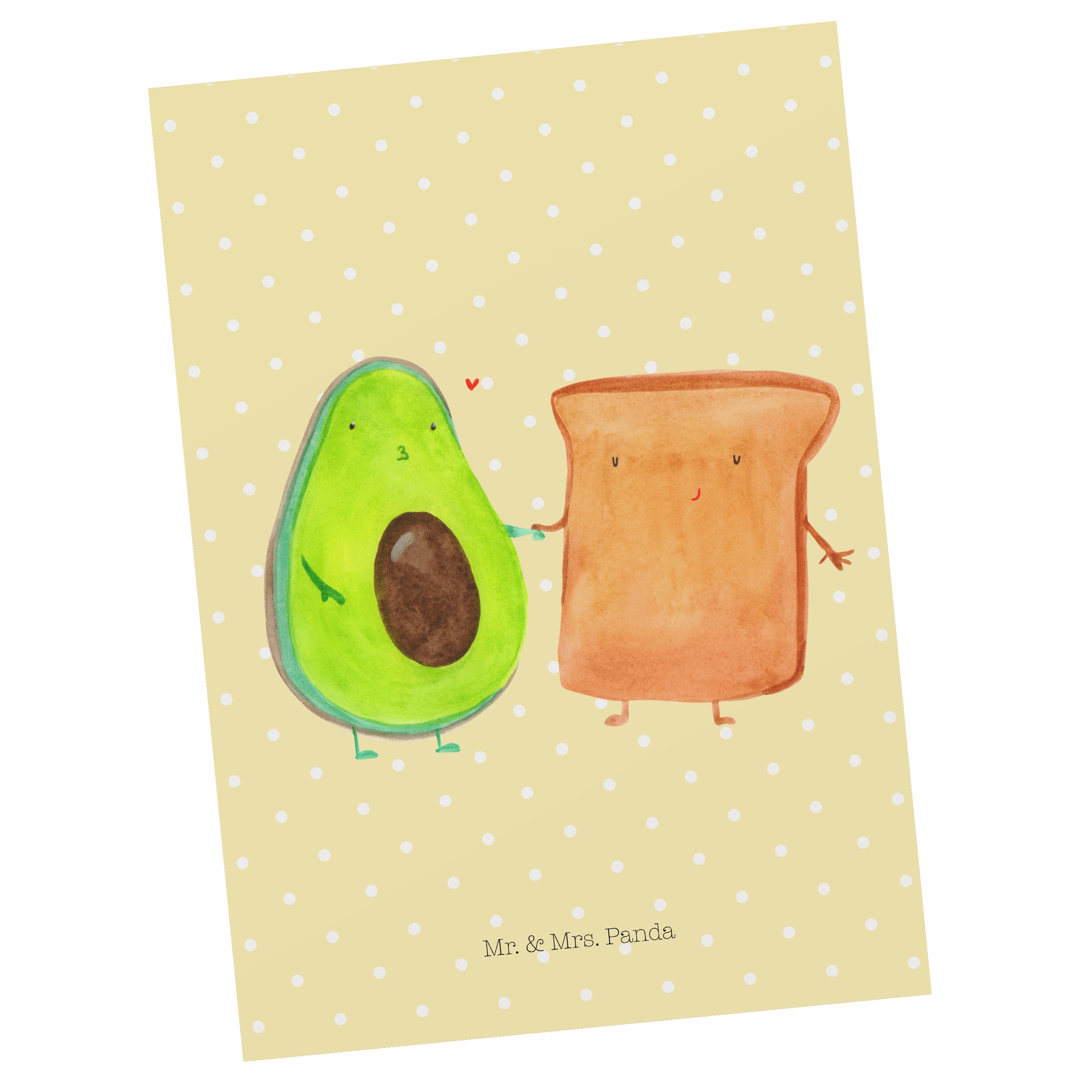 Mr. & Mrs. Panda Postkarte Avocado + Toast - Gelb Pastell - Geschenk, Veggie, Ansichtskarte, Gru