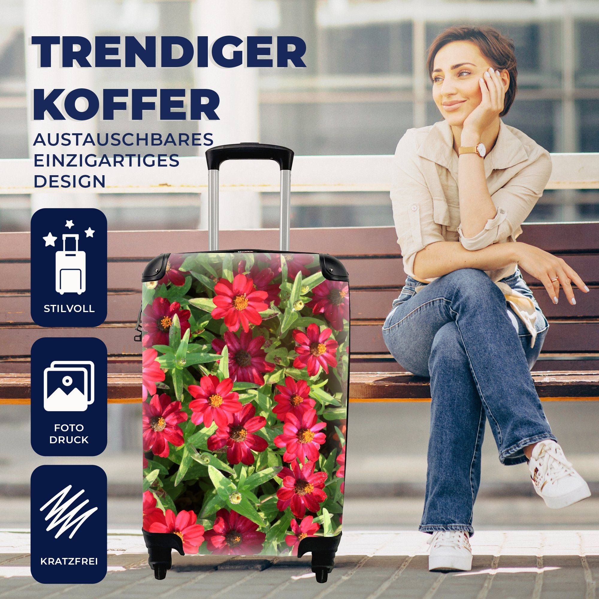 MuchoWow Handgepäckkoffer sonnigen an Reisetasche mit einem Zinnienblüten Rote 4 Trolley, Tag, für Handgepäck Ferien, Rollen, rollen, Reisekoffer