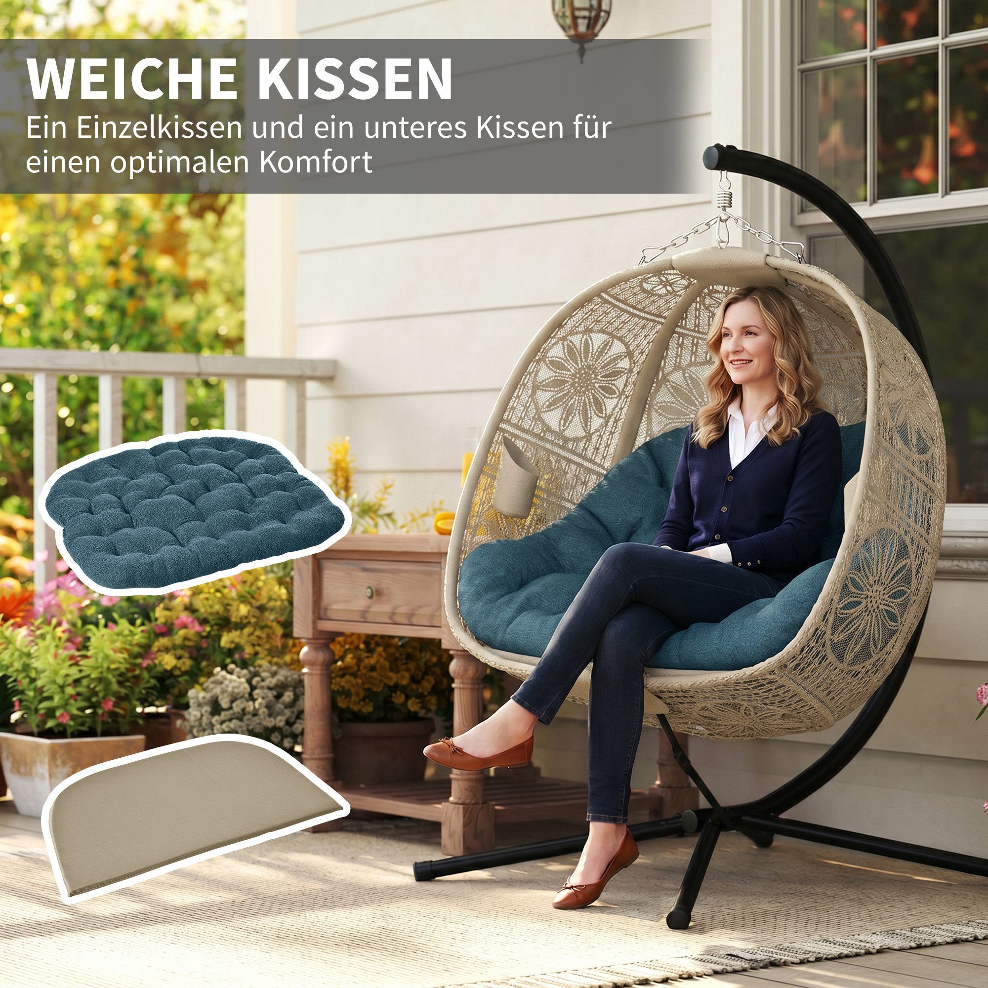 Outsunny Hängesessel Hängematte für 2 Personen, Schaukelsessel Indoor Outdoor (Hängestuhl, 1-St., Hängeschaukel), Faltbar Blumen-Strickstoff Stahl – Bild 5 von 5