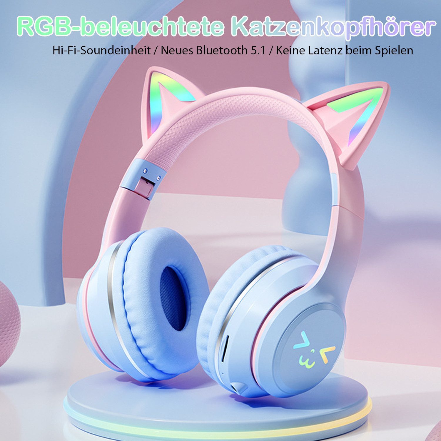 MOPUEA Faltbare Bluetooth Kopfhörer,RGB-LED-Leuchten,Bluetooth 5.1,HiFi Sound Over-Ear-Kopfhörer (für Kindergeschenke/Schule/Tablet/Reisen)