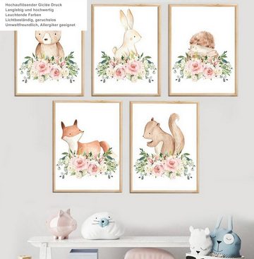 TPFLiving Kunstdruck (OHNE RAHMEN) Poster - Leinwand - Wandbild, Bär, Igel, Hase, Fuchs, Kaninchen mit Blumen - Für Kinderzimmer - (Mädchenzimmer, Babyzimmer, Jungenzimmer, Kindergarten), Farben: Pastel, braun, weiß, grün, rosa, pink - Größe: 10x15cm