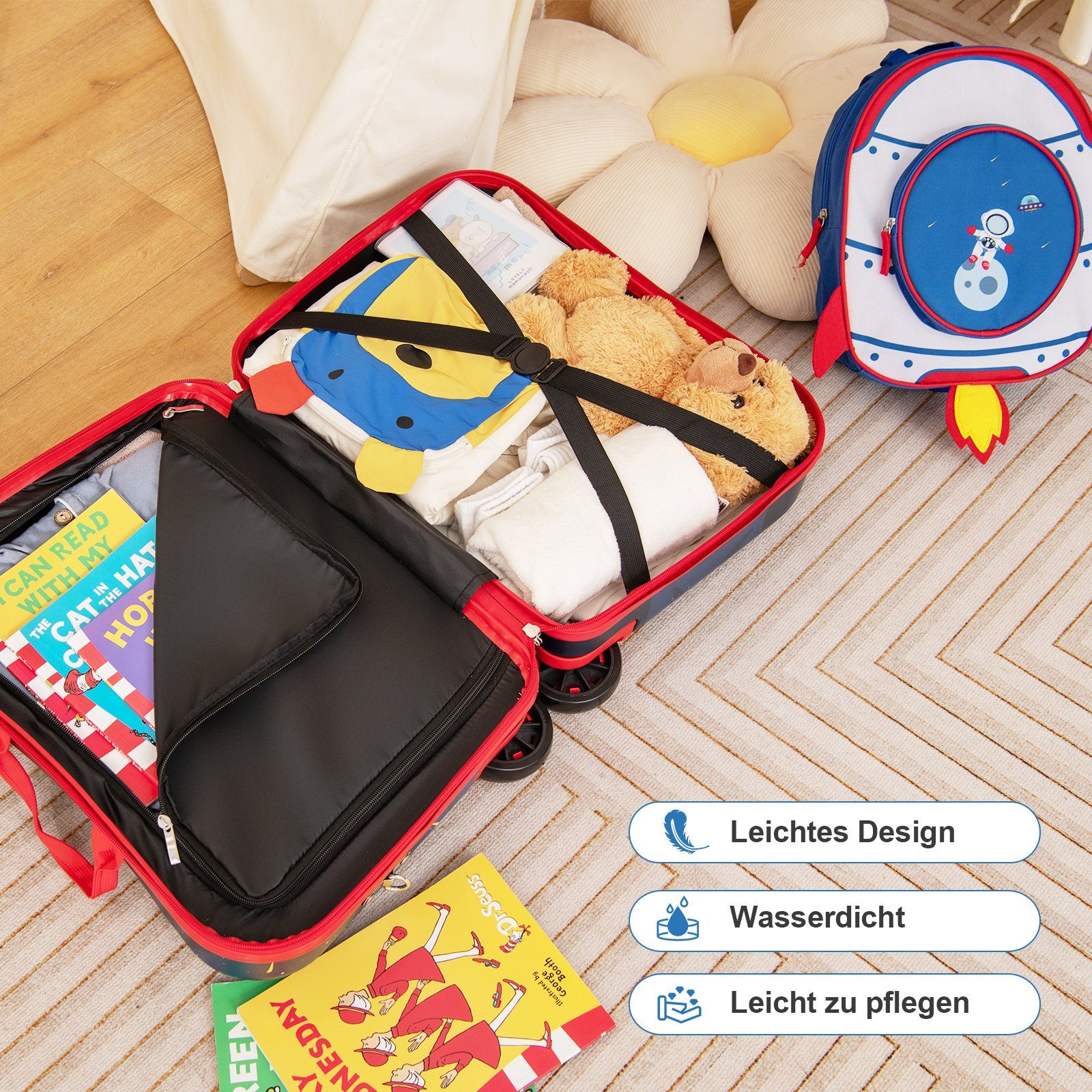COSTWAY Kinderkoffer 12"+18" Kindertrolley, zum sitzen, mit 4 Rollen & Rucksack