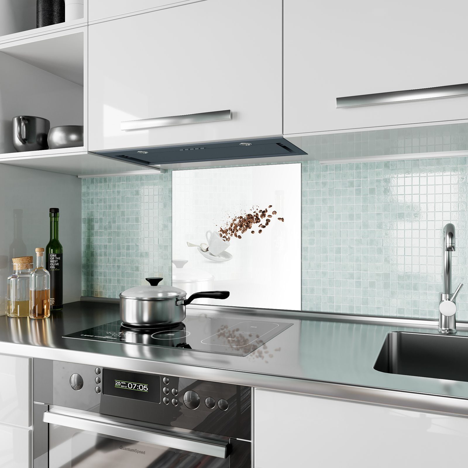 Glas und Küchenrückwand mit Primedeco Kaffeebohnen Pulver Küchenrückwand Spritzschutz Motiv