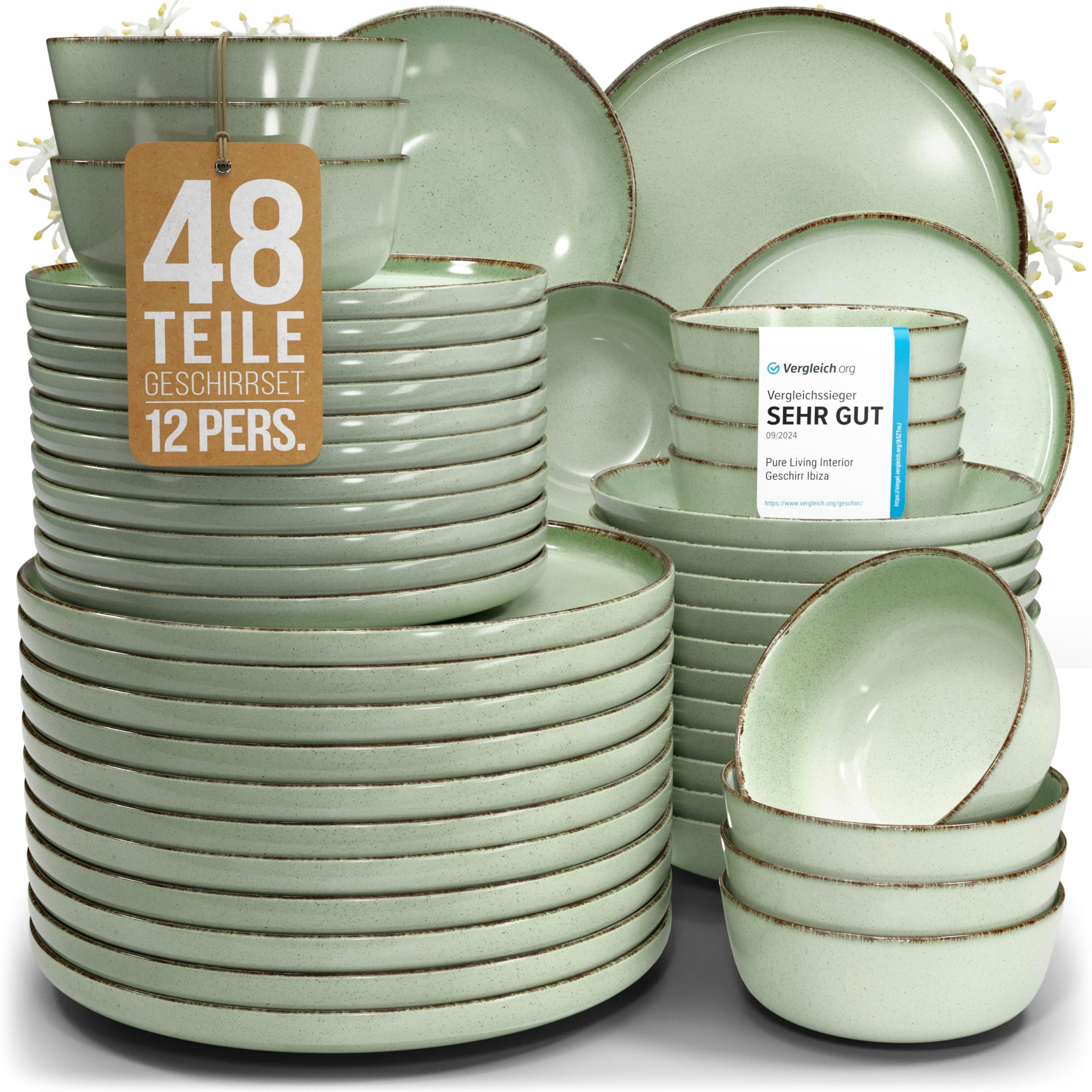 PURE LIVING INTERIOR DESIGN Geschirr-Set Steingut Geschirrset 12 Personen Rustic 48 tlg. TESTSIEGER, Hochwertig (48-tlg), 12 Personen, Steingut, Mediterrane Handwerksoptik, Reaktive Glasur – jedes Stück einzigartig…