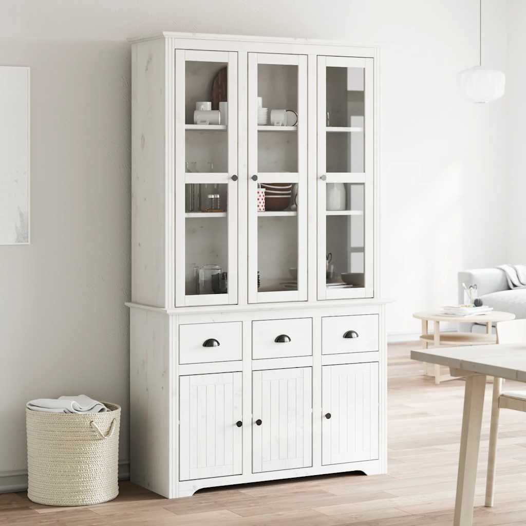 furnicato Highboard BODO Weiß 115,5 x 43 x 200,5 cm Massivholz (1 St), Hochschrank mit Glastüren, Metallgriffen und viel Stauraum im Raum