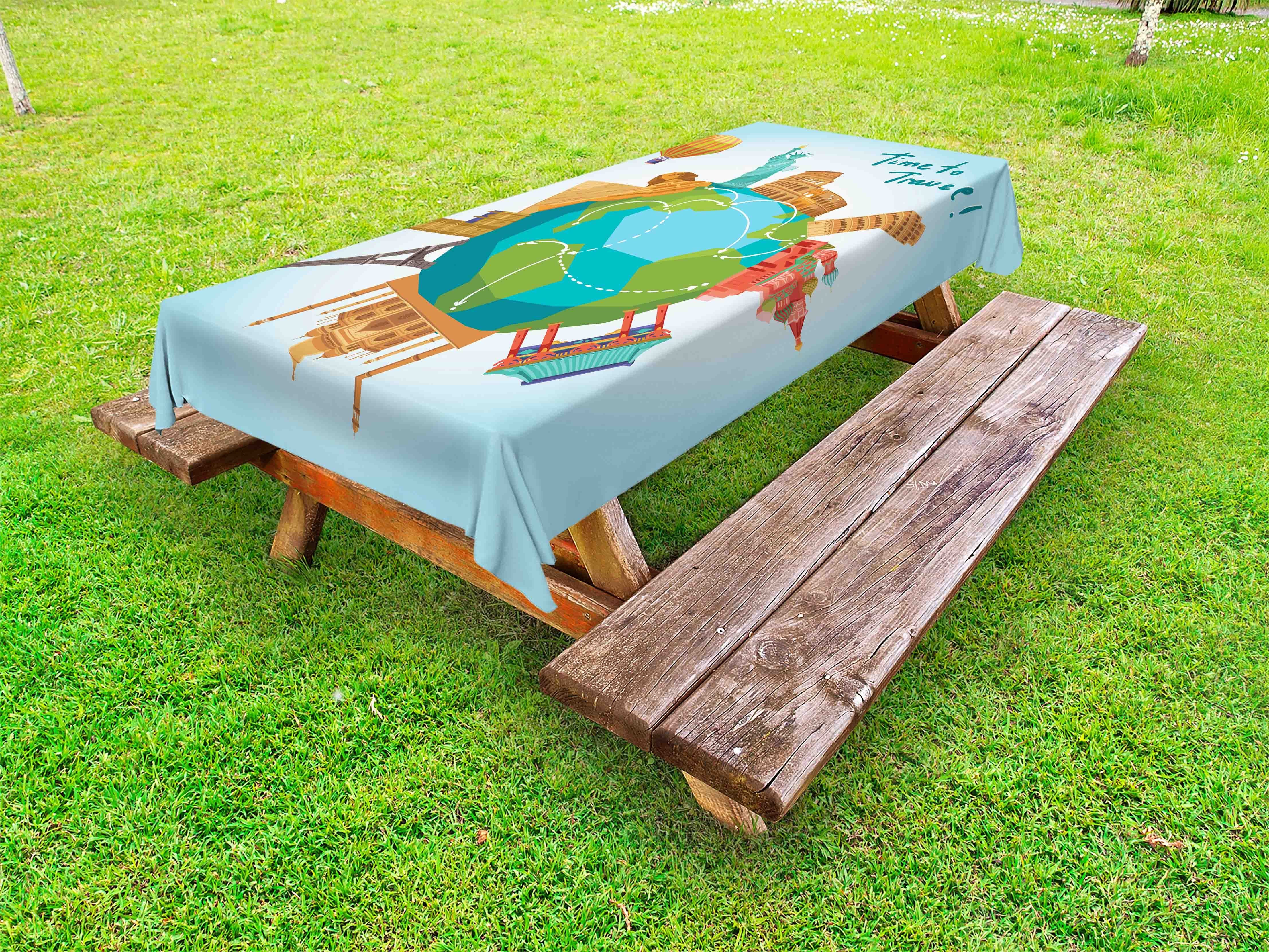 Abakuhaus Tischdecke Welt Picknick-Tischdecke, Globus um dekorative Sehenswürdigkeiten rund waschbare Reise