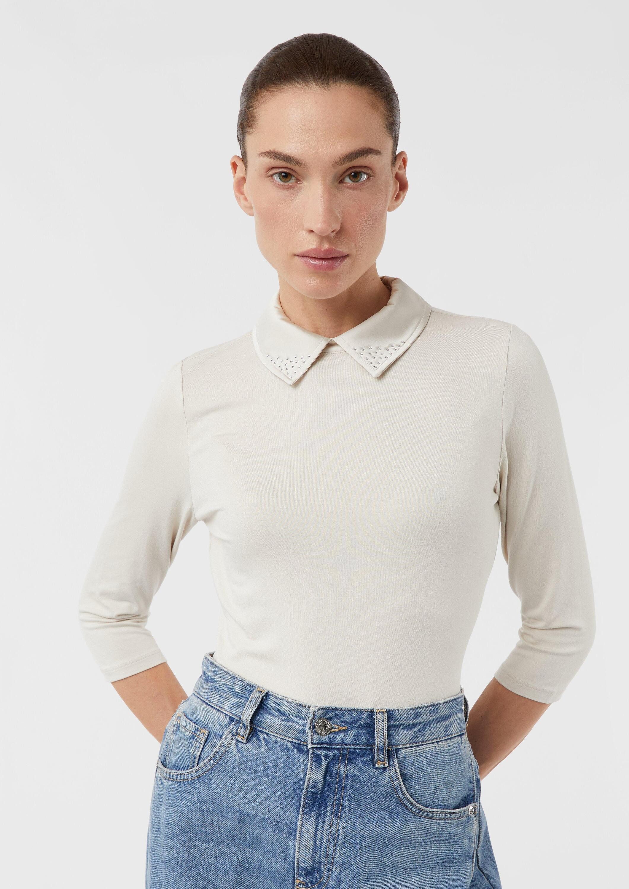 comma 3/4-Arm-Shirt T-Shirt Jerseyshirt mit Satinkragen und Schmucksteinen günstig online kaufen