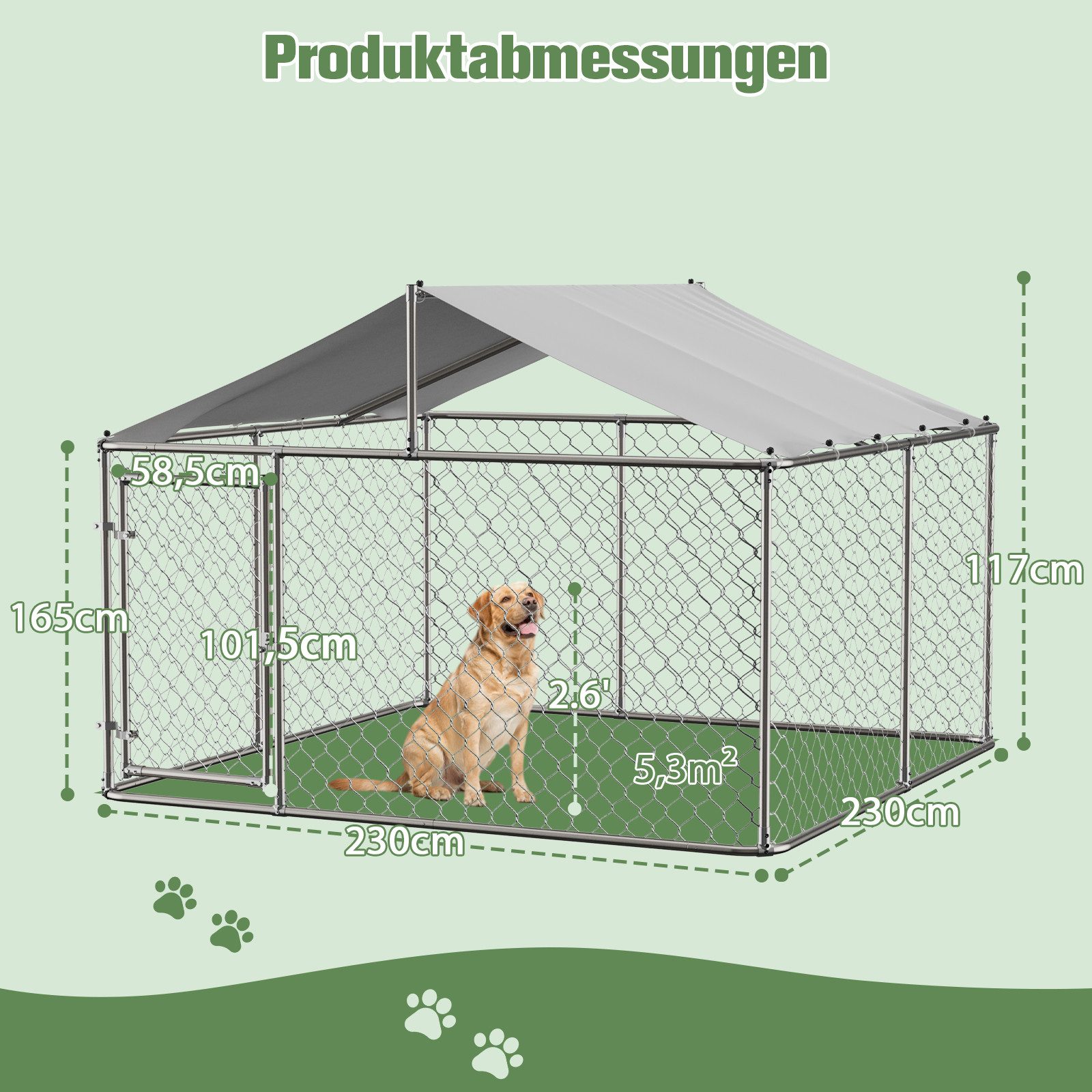 FANNOU Freigehege Outdoor Hundezwinger mit Dach, 230x230x117 cm, mit UV-beständige & wasserdichte Abdeckplane