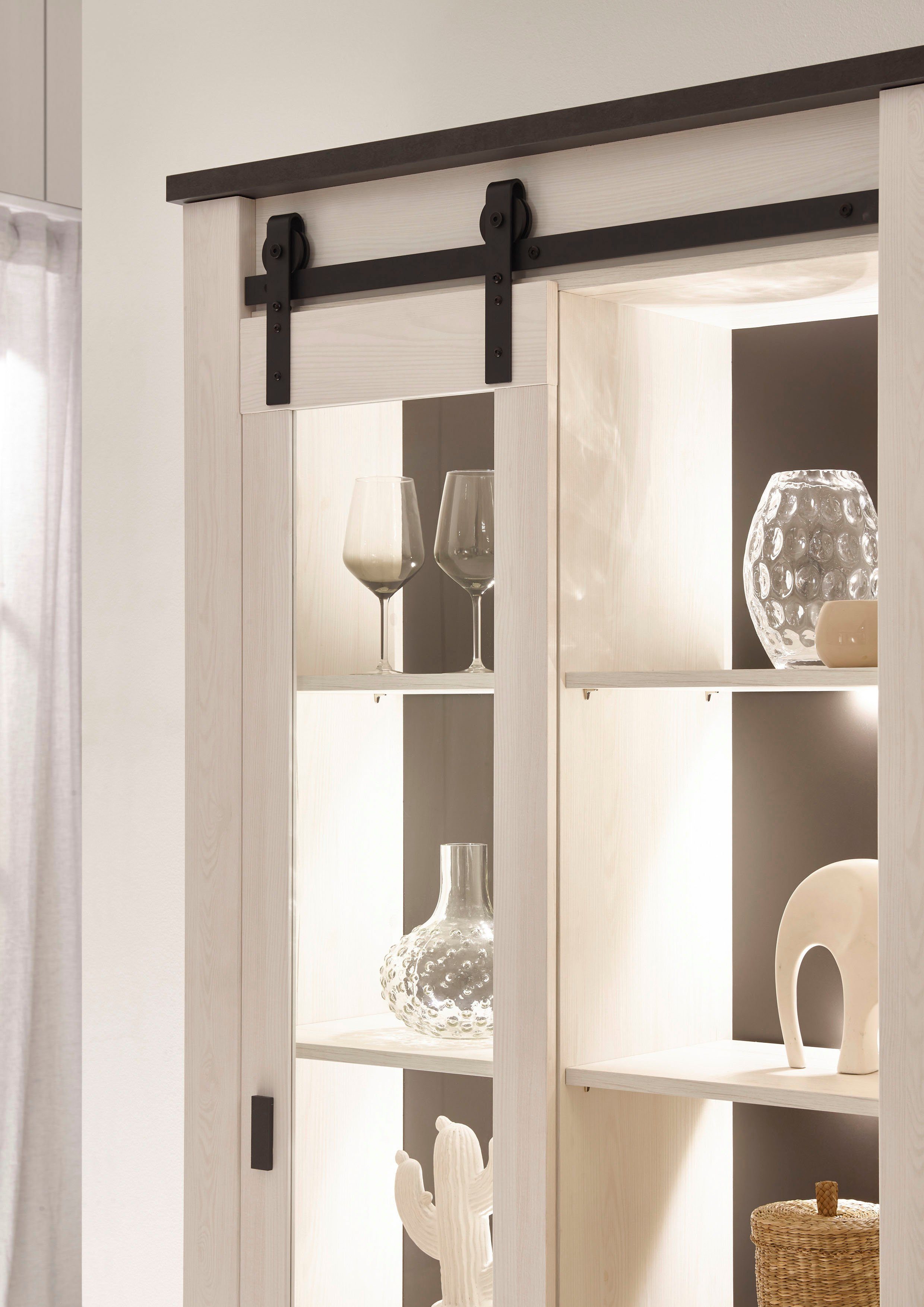 Home affaire Wohnwand SHERWOOD, (2-St), Scheunentorbeschlag und Apothekergriffe aus Metall, Höhe 201 cm