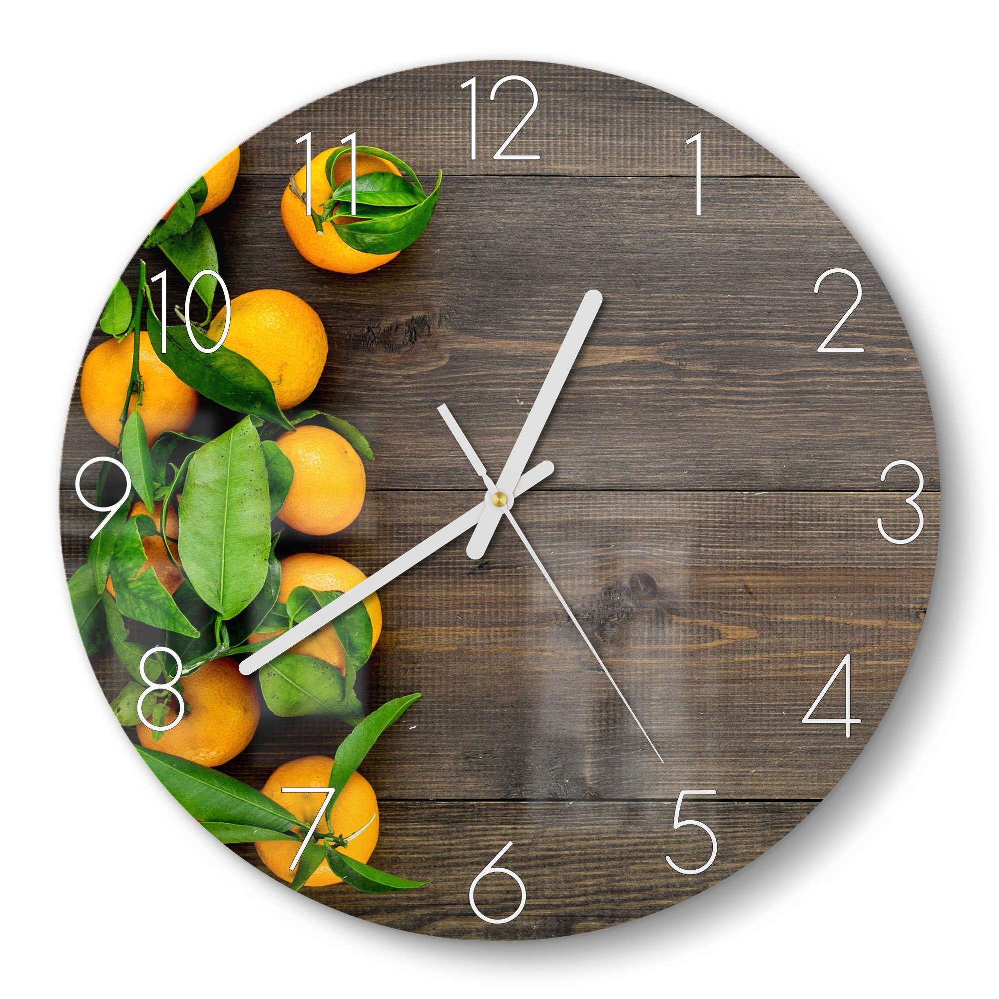 DEQORI Wanduhr 'Orangen auf Holzbrettern' (Glas Glasuhr modern Wand Uhr Design Küchenuhr)