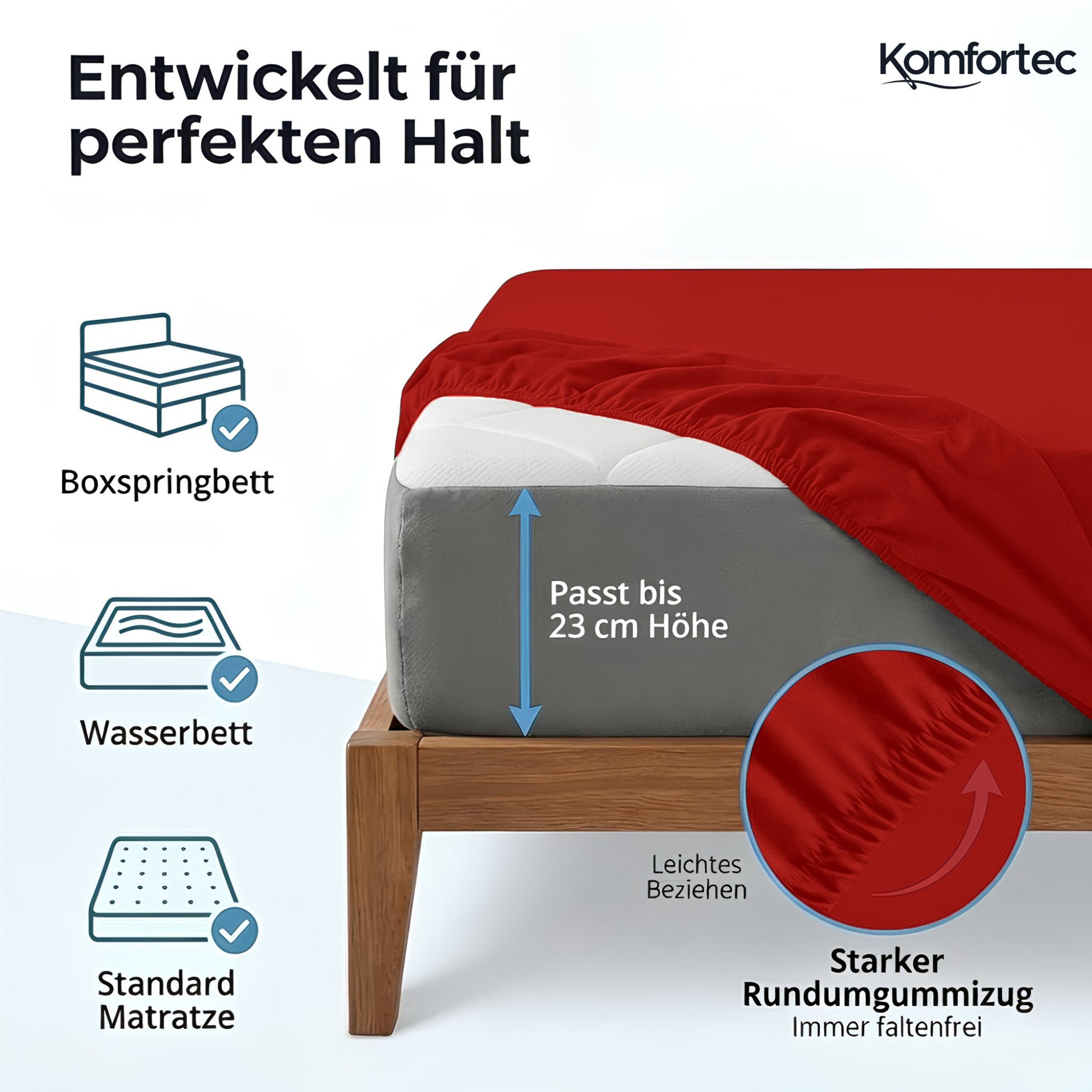 Komfortec Spannbettlaken Jersey Spannbettuch, 90x200, 140x200, 160x200, 180x200 oder 200x200 cm, 100% Baumwolle (135 g/m), Gummizug: Rundum, (1 Stück), OEKO-TEX® Standard 100 Zertifisiert, für Matratzen bis 25 cm Höhe