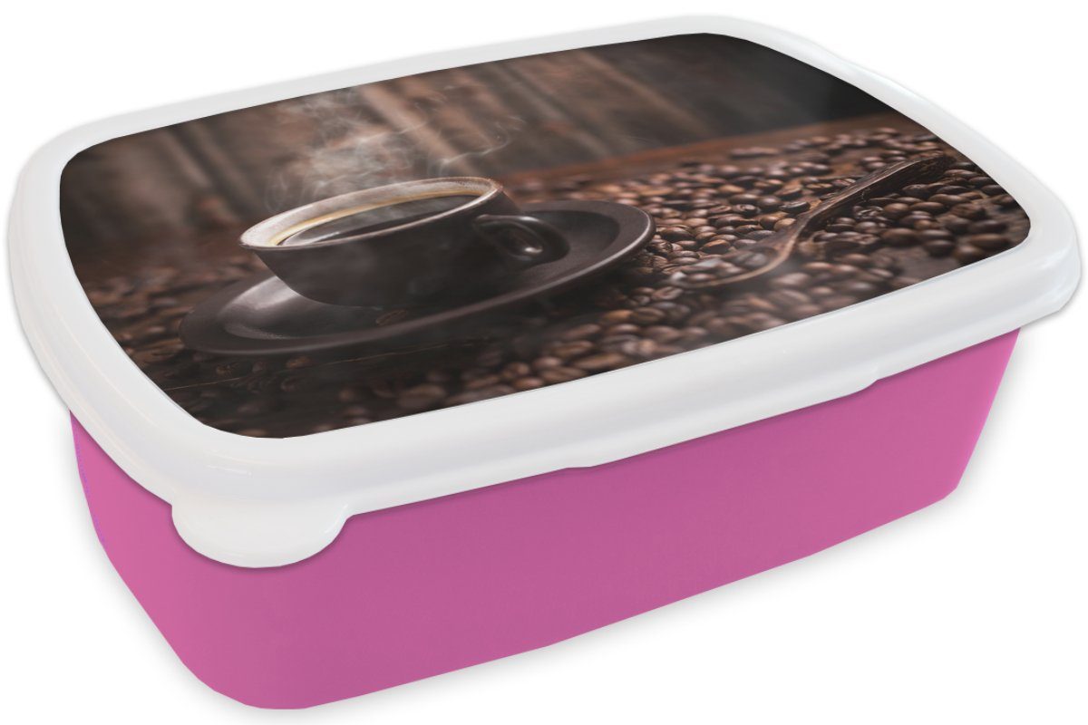 Brotbox Mädchen, Brotdose Kunststoff, Snackbox, - Erwachsene, - Heiß Kaffeebohnen, Kinder, Lunchbox Kaffee (2-tlg), rosa Kunststoff MuchoWow für