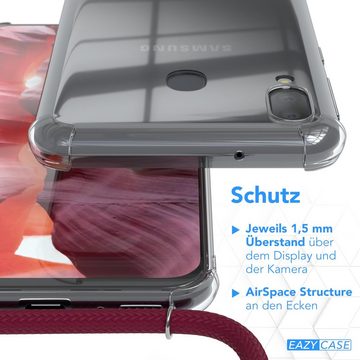 EAZY CASE Handykette Hülle mit Kette für Samsung Galaxy M20 6,3 Zoll, Silikonhülle durchsichtig mit Umhängeband Handytasche Bordeaux Rot