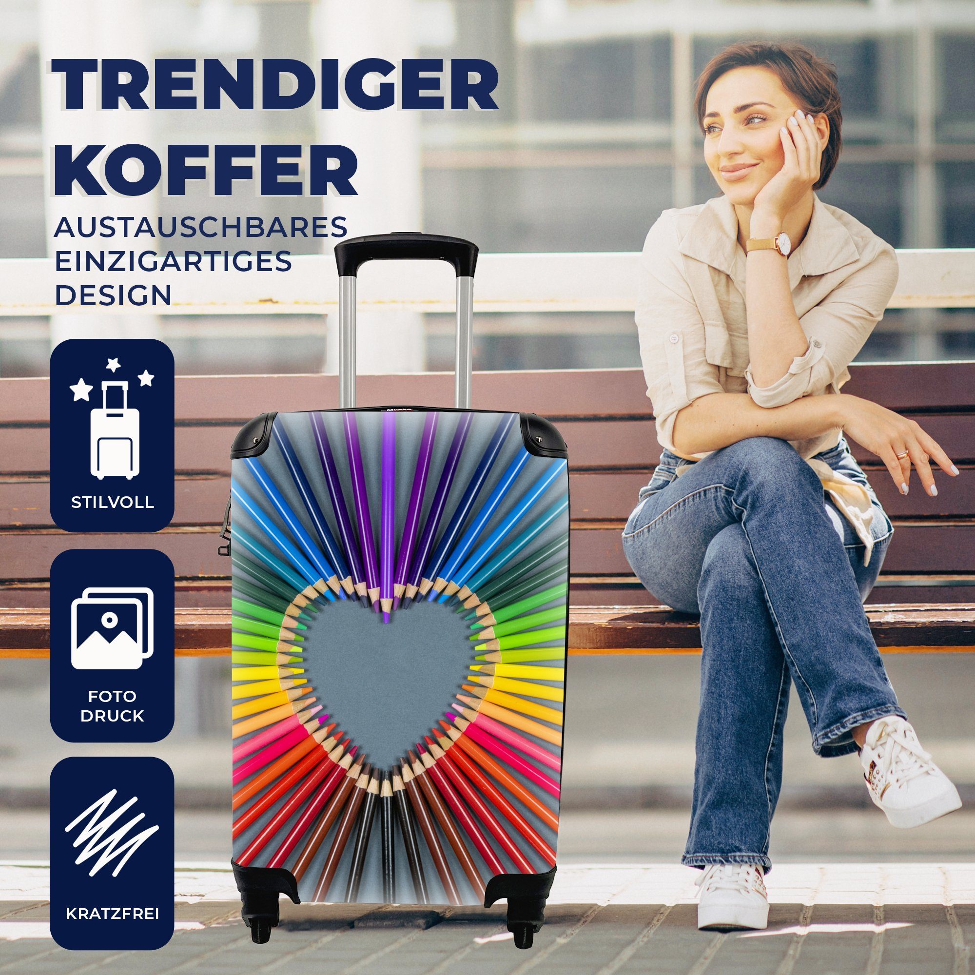 4 für Reisetasche mit Bleistifte rollen, Handgepäck - Abstrakt, Trolley, Regenbogen - MuchoWow Herz Rollen, Handgepäckkoffer - Ferien, Reisekoffer