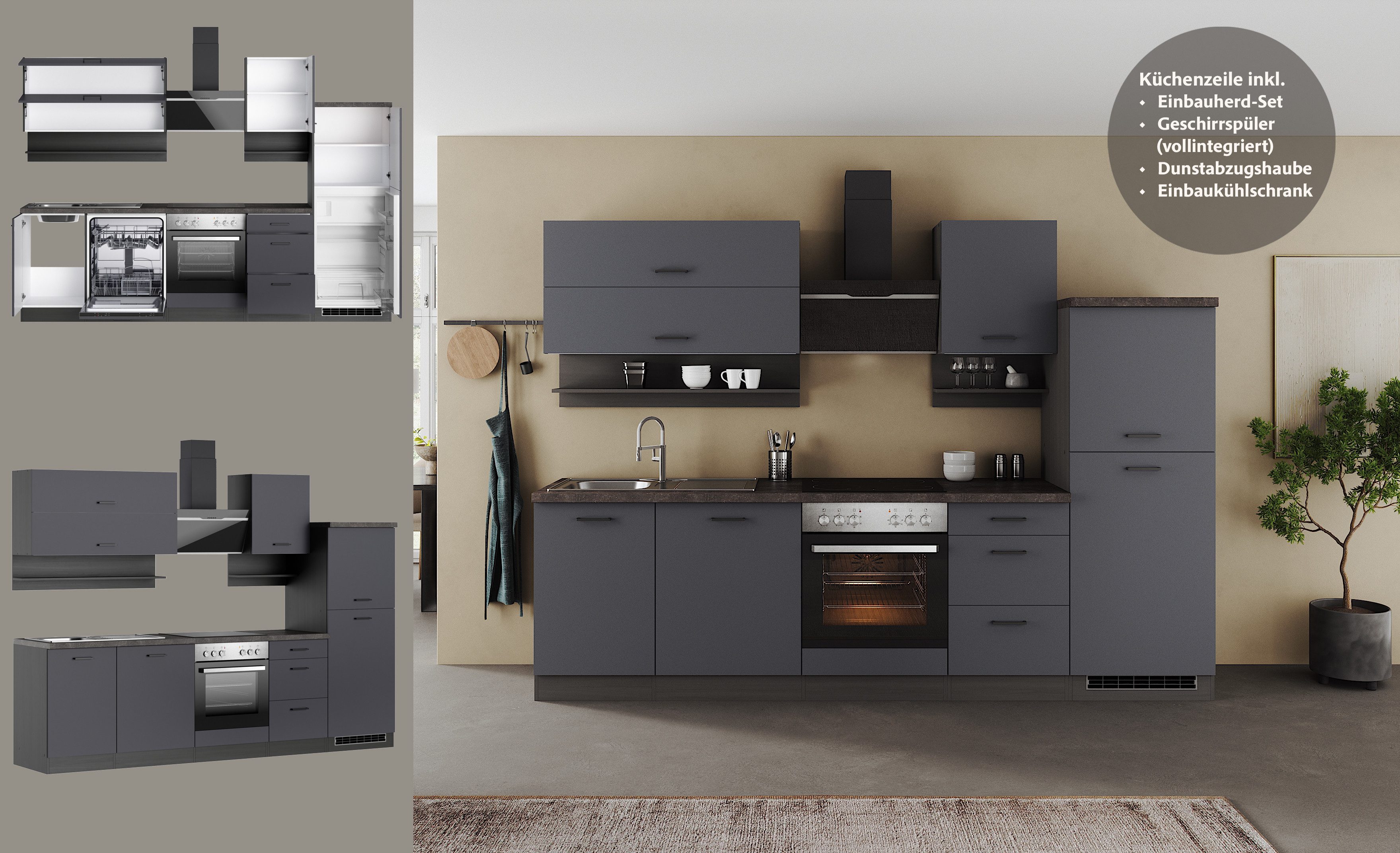KOCHSTATION Küchenzeile KS-Frieda Breite 280 cm, wahlweise mit E-Geräten, mit 38mm starker Arbeitsplatte