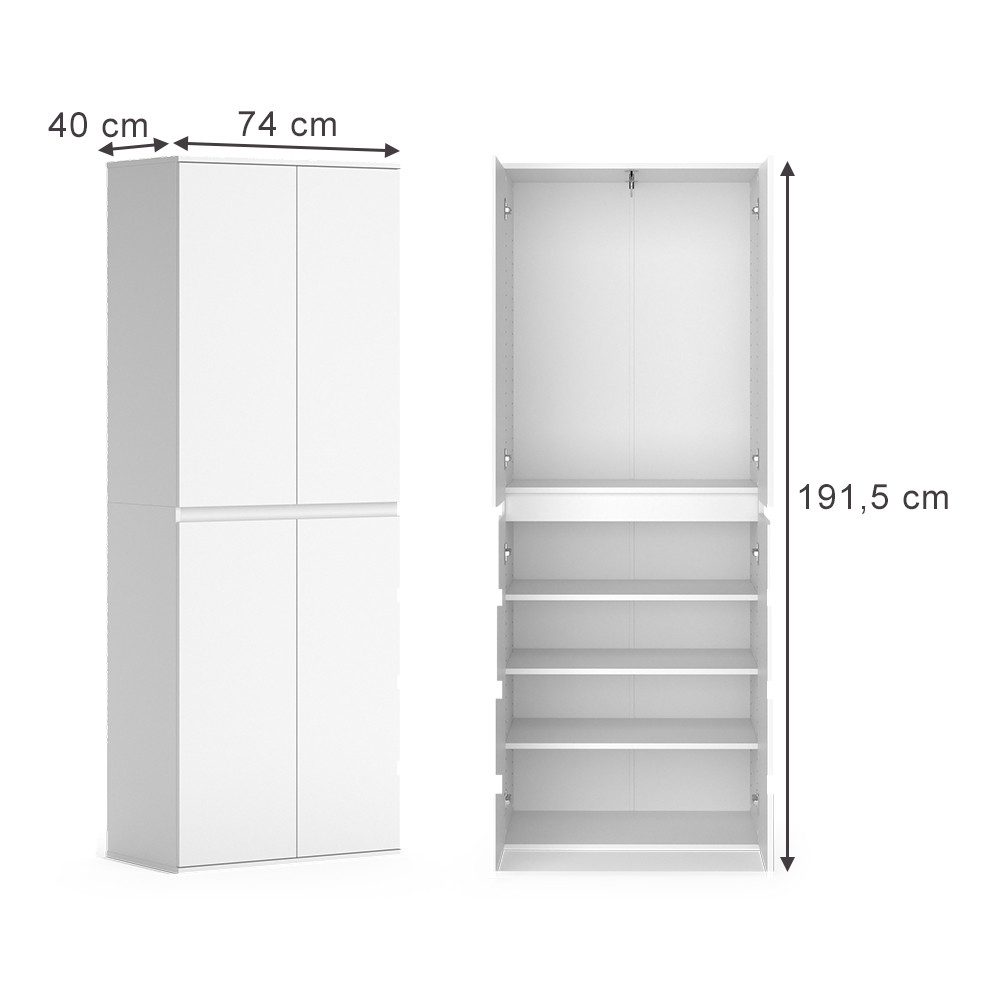 Vicco Kleiderschrank Claus, Weiß, 74 x 191.5 cm mit 4 Türen günstig online kaufen