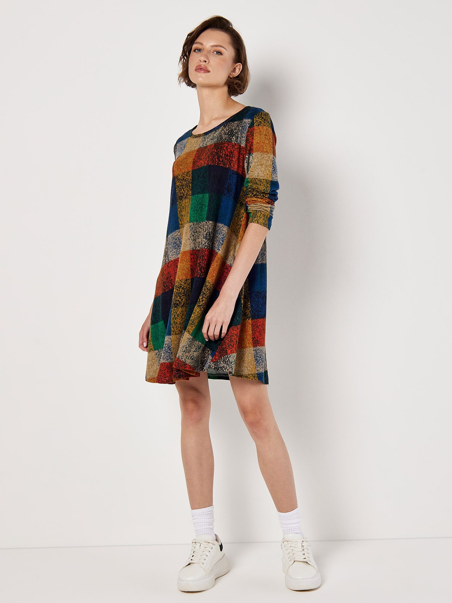 Apricot Druckkleid Swingdress mit Color-Block Muster günstig online kaufen