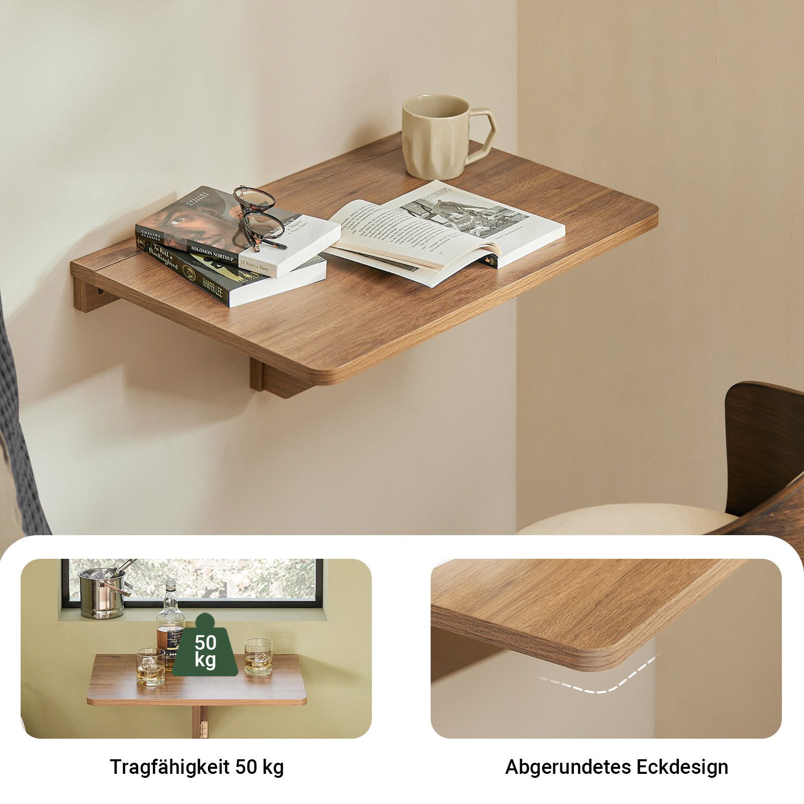 SoBuy Klapptisch FWT03, Faltbarer Esstisch, Klapptisch für Kleine Räume, Wandmontage, Wandklapptisch Küchentisch Esstisch Schreibtisch Kindertisch