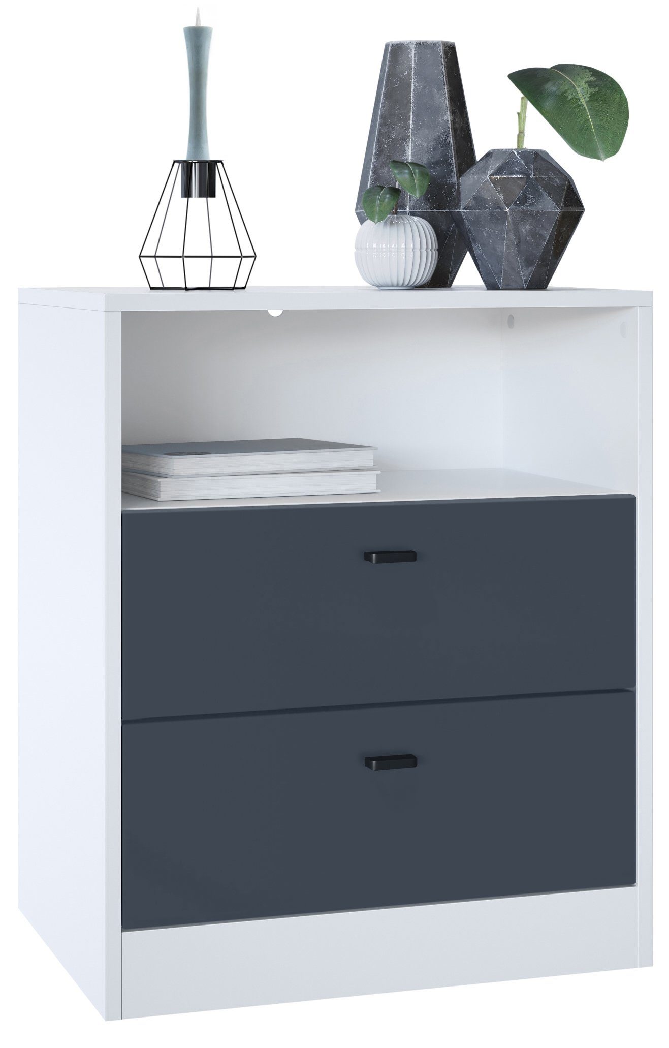 Vladon Kommode Pino V1 (Nachttisch, mit 2 Schubladen & 1 offenem Fach), Weiß matt/Anthrazit matt (56 x 67,5 x 36 cm)