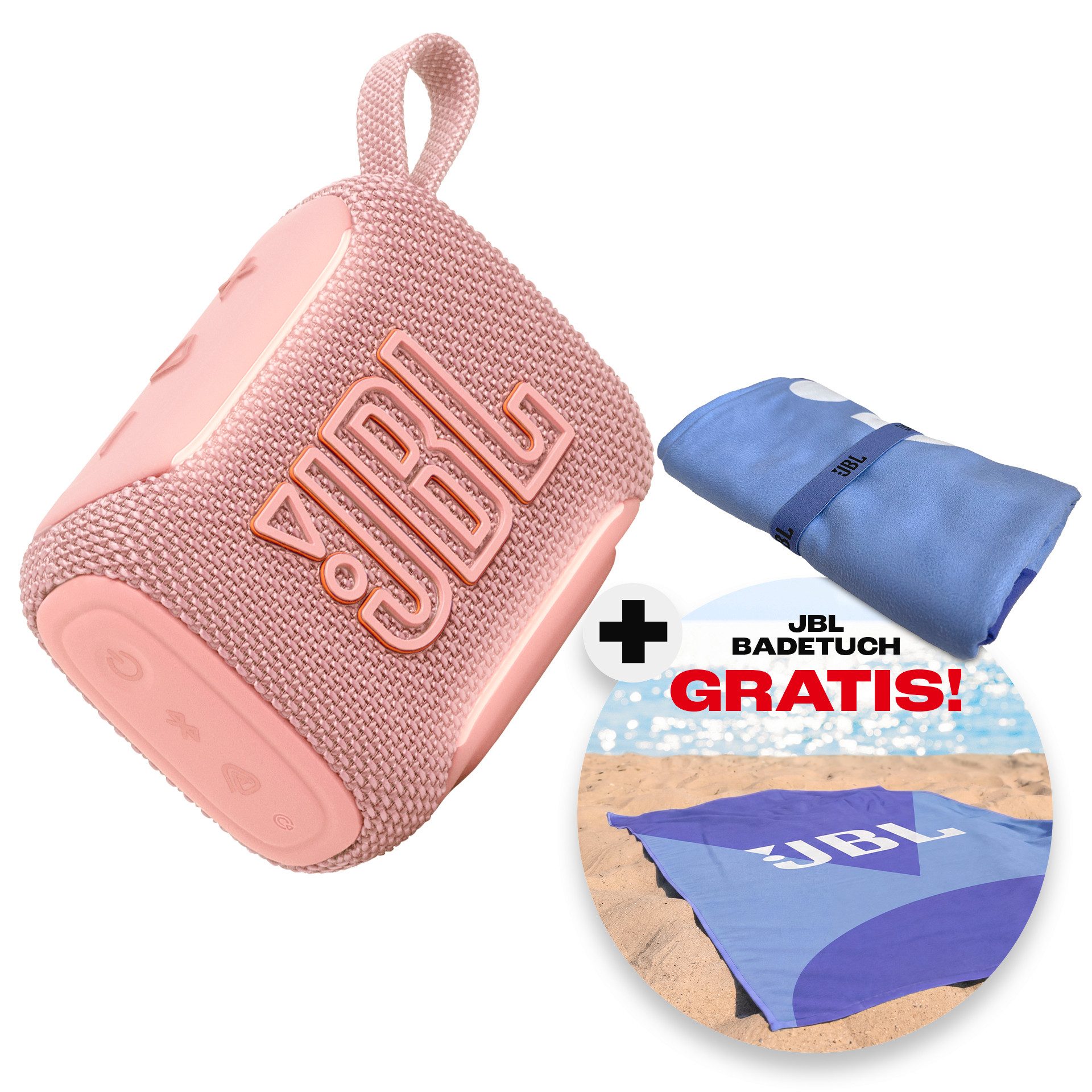 JBL Set: GO 5 + Strandtuch Bluetooth-Lautsprecher (A2DP Bluetooth, Bluetooth, AVRCP Bluetooth, 4,8 W, Kompakter, wasserdichter und stoßfester Lautsprecher mit Strandtuch)