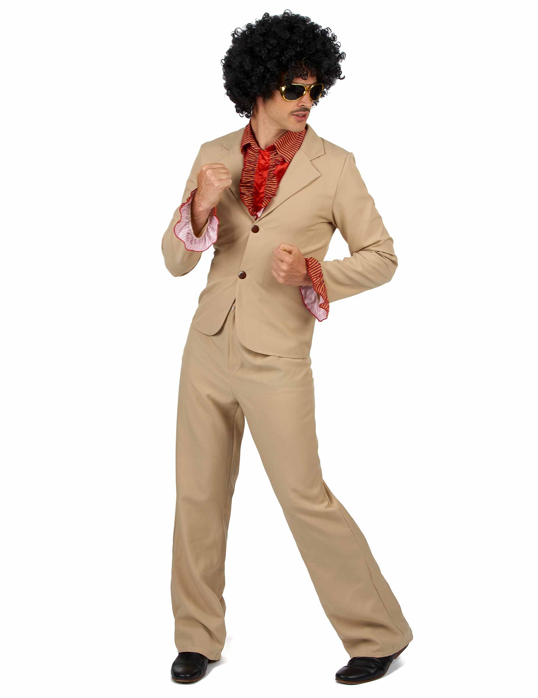 Kostüm 70er Disco-Herrenkostüm mit Rüschen beige-rot