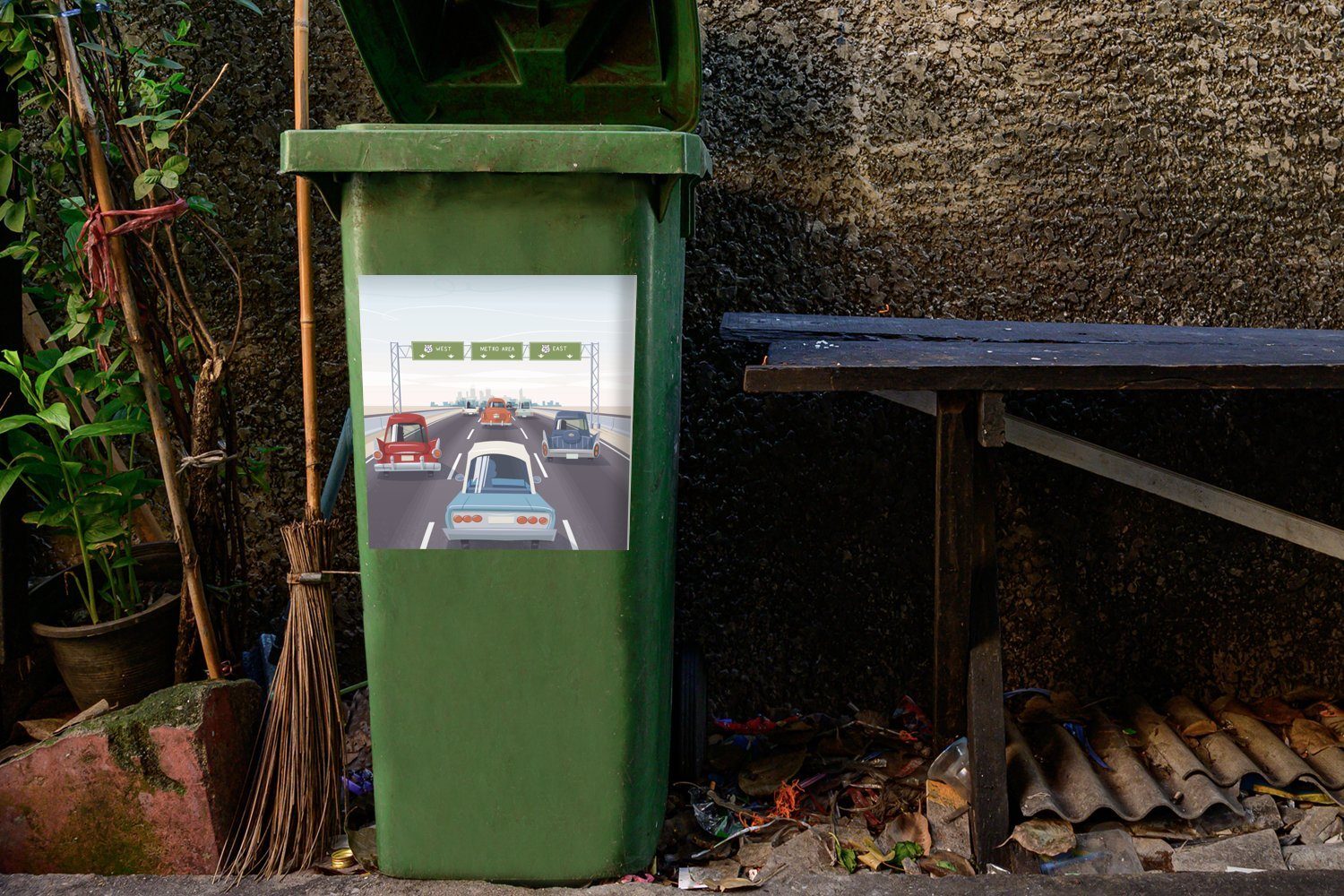 MuchoWow Wandsticker Illustration von amerikanischen Highway Mülltonne, Container, Mülleimer-aufkleber, Sticker, einem St), Autos Abfalbehälter auf (1