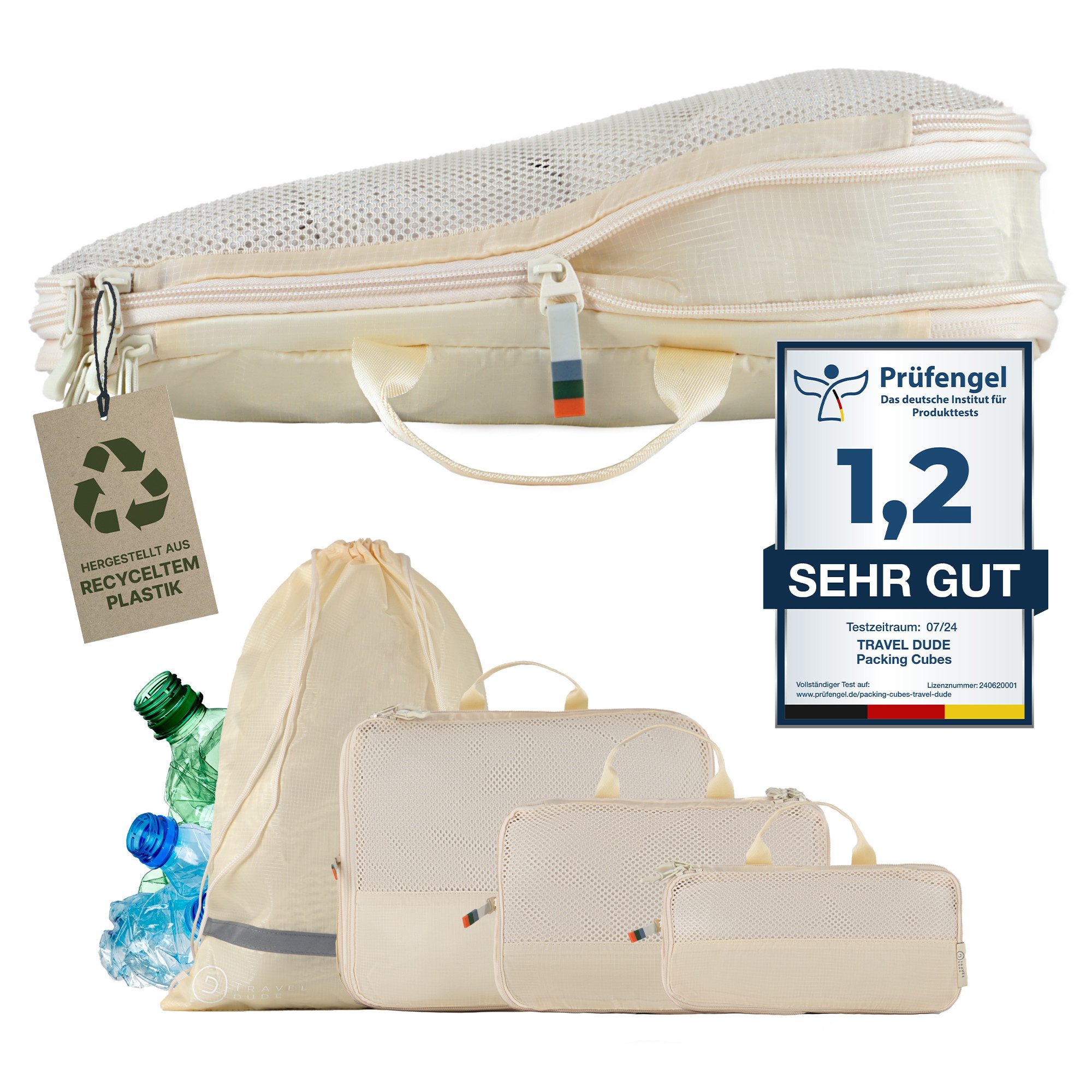 TRAVEL DUDE Чемоданыorganizer aus recycelten Plastikflaschen (ultraleichte Packwürfel, 4-tlg., Packing Cubes für Rucksack und Чемоданы, Packtaschen), mit Kompression und einem Nassfach