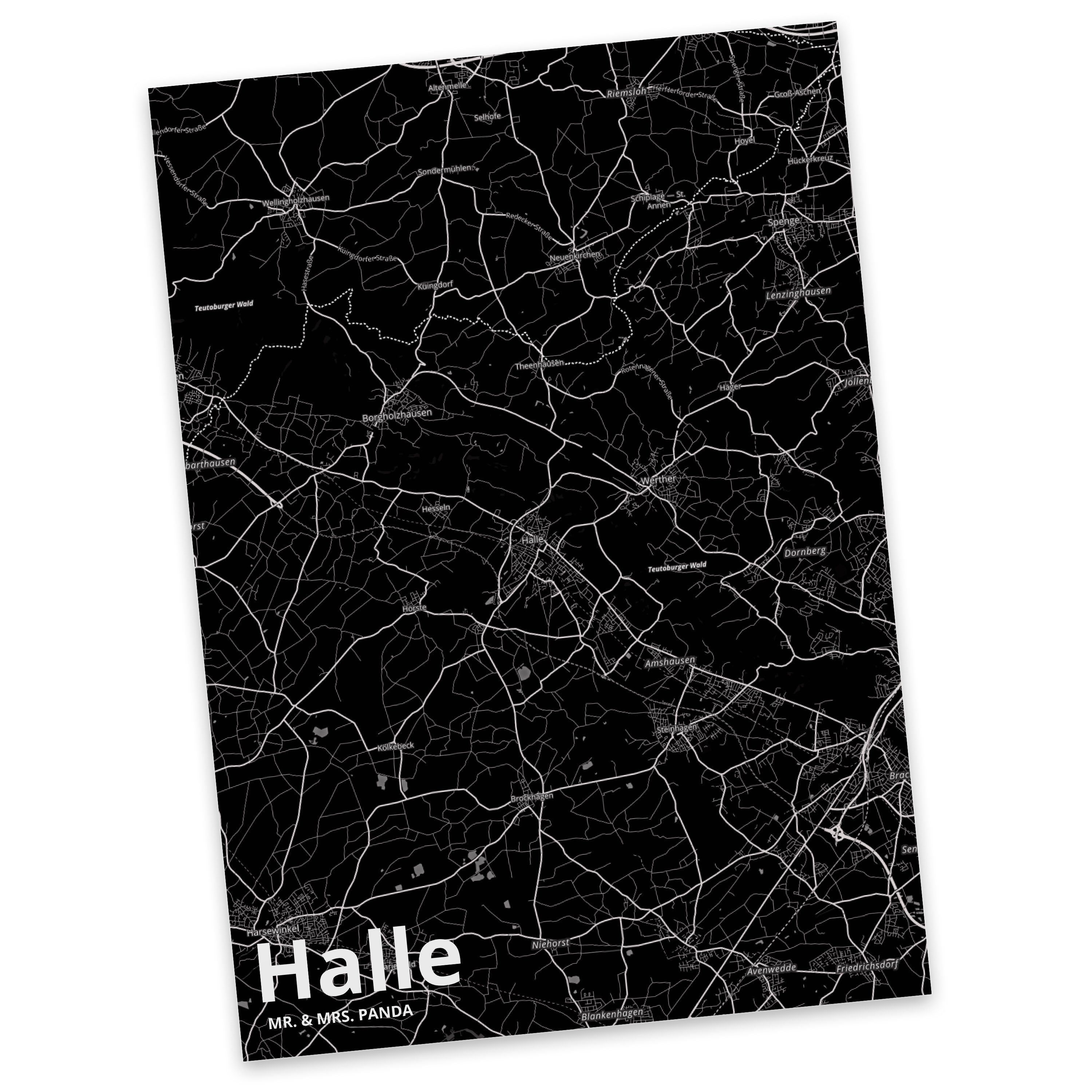 Mr. & Mrs. Panda Postkarte Halle - Geschenk, Stadt Dorf Karte Landkarte Map Stadtplan, Grußkarte