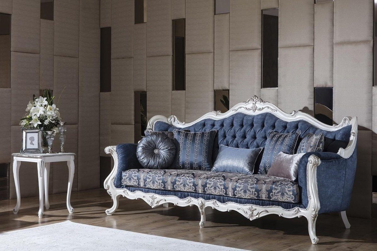 Luxus Muster cm Padrino und dekorativen Blau Barock x Weiß Wohnzimmer 120 - mit Silber x Barock Kissen H. Sofa / 240 90 / Casa Sofa Möbel Prunkvolle