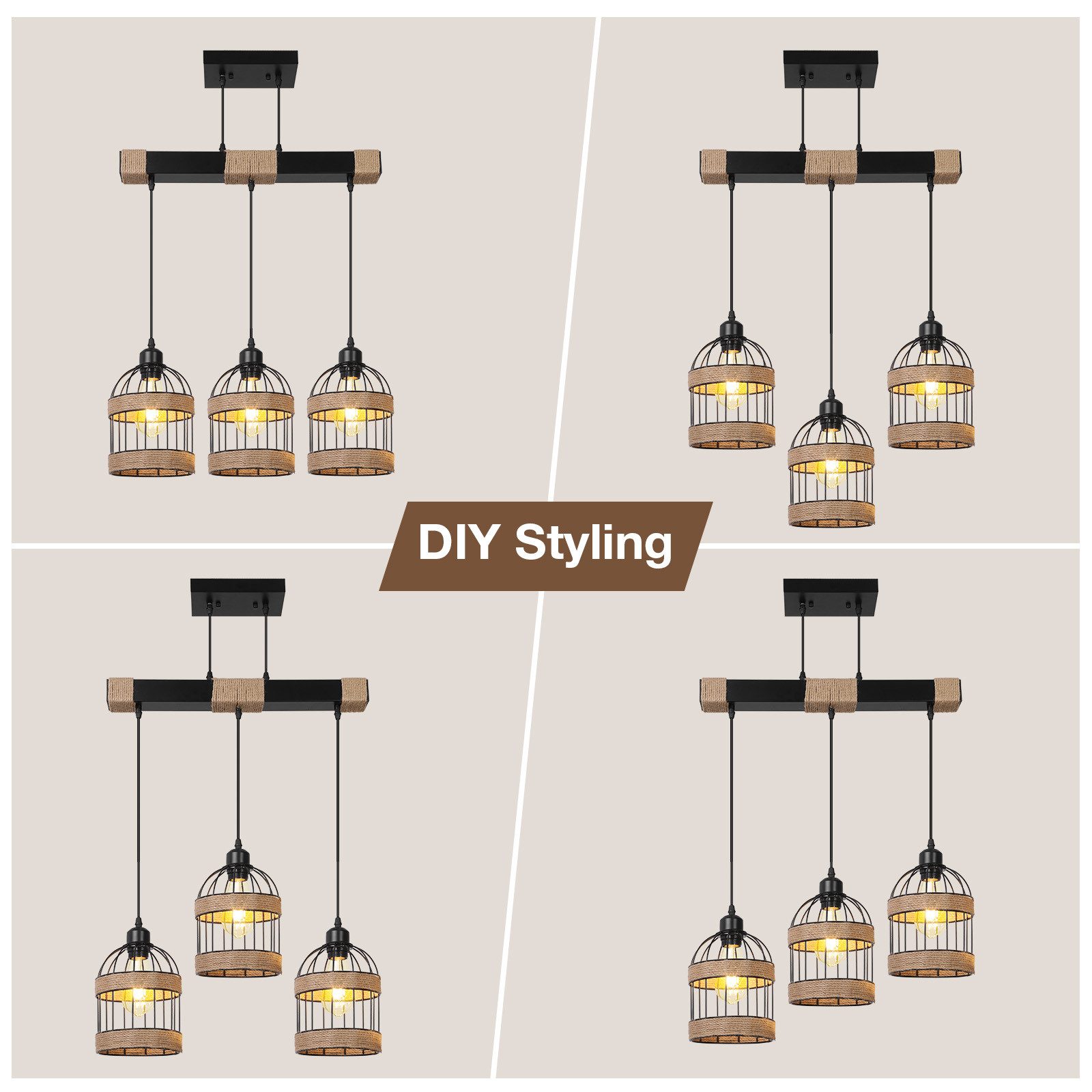 Rosnek LED Pendelleuchte 3-flammige Rattan Küchen Pendelleuchte, Höhenverstellbar & DIY, Halogen, warmweiß, Farmhouse Hängelampe für Kitchen Island & Esszimmer, – Bild 3 von 5