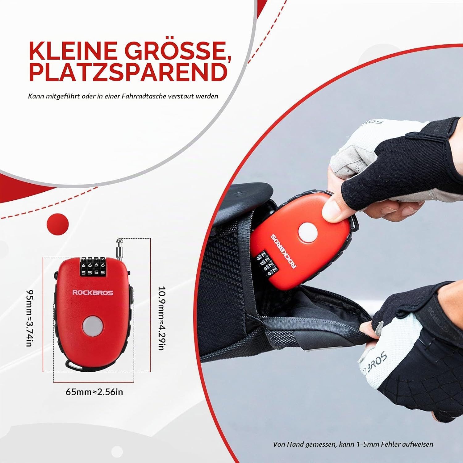 ROCKBROS Kabelschloss Einziehbares Kabelschloss mit 4-stelligem Code, 94cm flexibel tragbar.