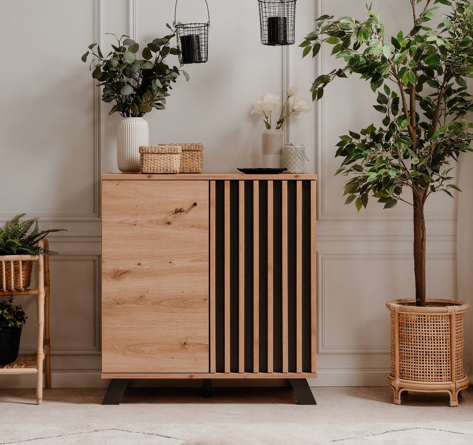 Finori Sideboard Kommode Medan, mit 3D-Lamellen, Artisan Eiche / anthrazit