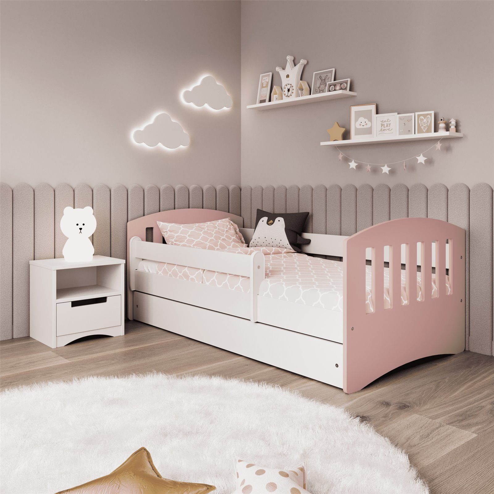Raumhirsch Furniture Kinderbett 70x140, 80x160, 80x180 cm - Komplettset mit Schublade (Bett für Jungs & Mädchen, inklusive Rausfallschutz und Lattenrost), verschieden Farben