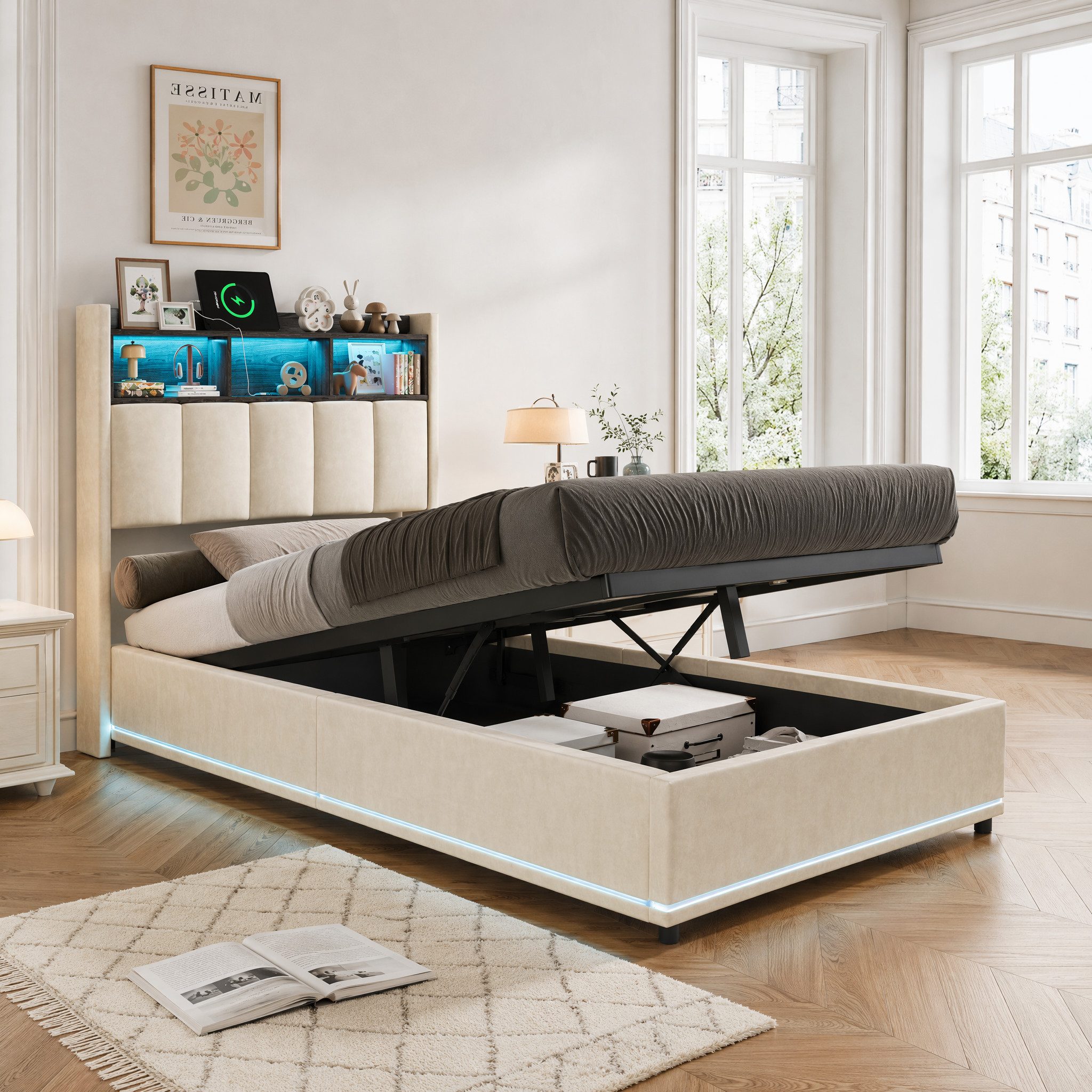 Simurq Polsterbett 90x200 mit Bettkasten, Einzelbett, Jugendbett, Bettgestell (1 tlg, ohne Matratze, Mit Lattenrost), LED Samtbett, mit Ablage & USB Port, Modernes