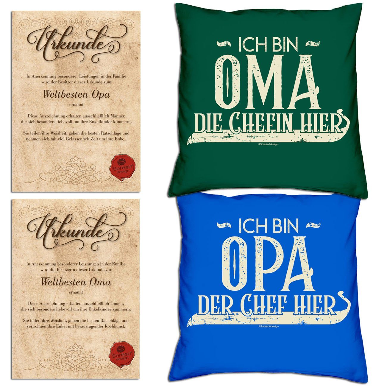 Soreso® Dekokissen Kissen-Set Ich bin Opa der Chef hier Ich bin Oma die Chefin hier mit Urkunden, Weihnachtsgeschenk für Großeltern dunkelgrün