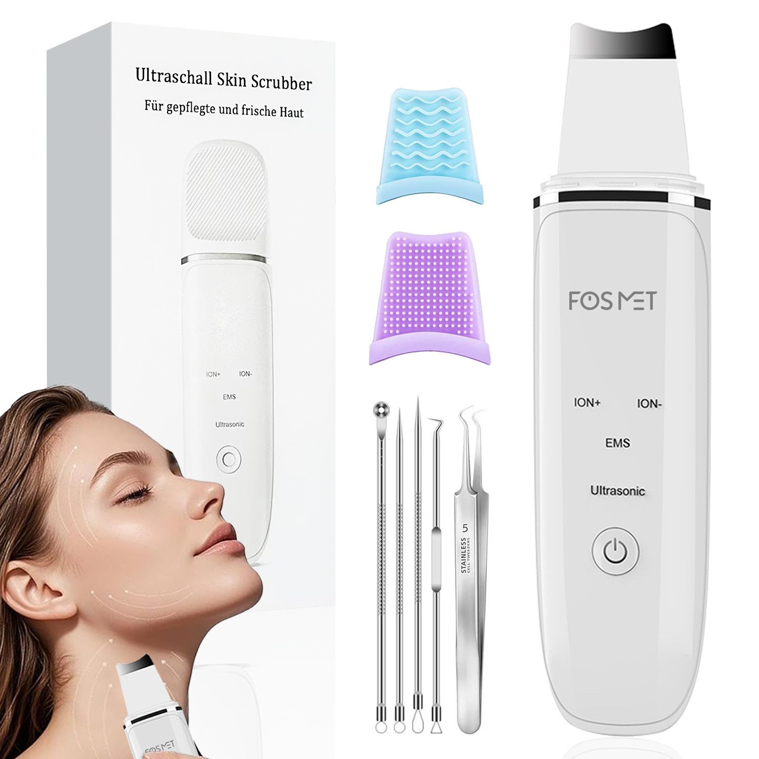 FOSMET Porenreiniger Ultraschall Skin Scrubber, mit 4 Modi, Face Spatula Mitesserentferner, Ultraschall Gesichtspeelinggerät – sanfte Reinigung & Porenpflege, Gesichtswaschspatel zur porentiefen Reinigung und Hautpflege