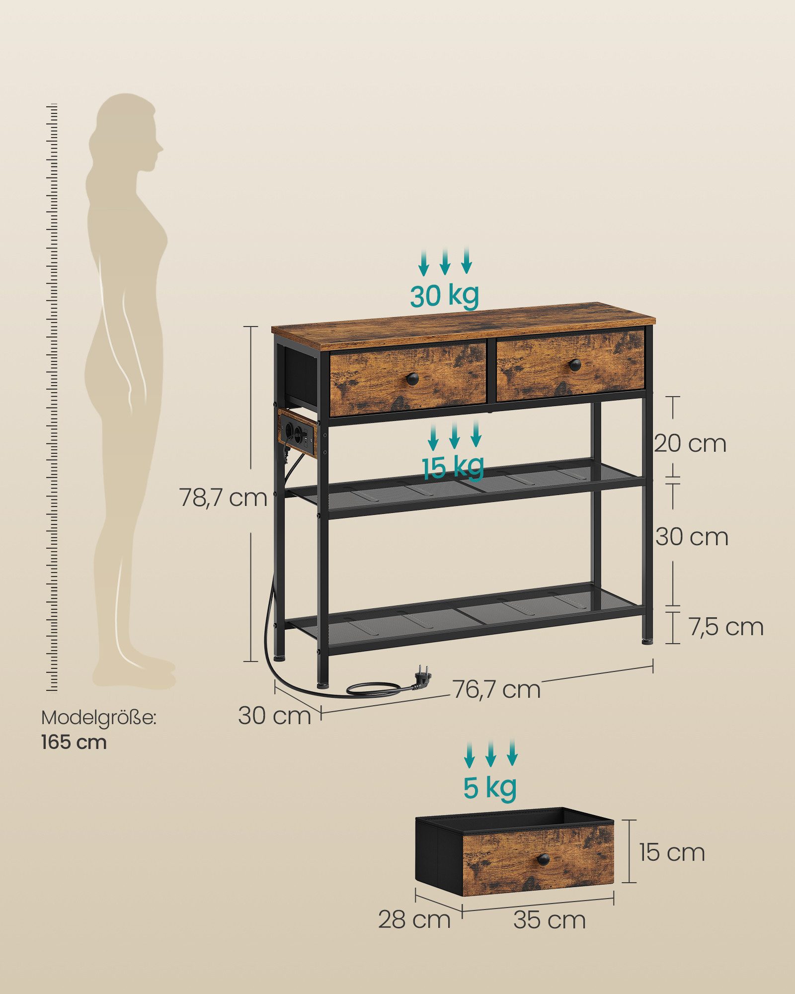 SONGMICS Konsolentisch Flurtisch mit 2/3 Stoffschubladen und 2 Gitterablagen, 76,7 x 30 x 78,7 cm, für Wohnzimmer und Eingangsbereich, Beistelltisch – Bild 4 von 5