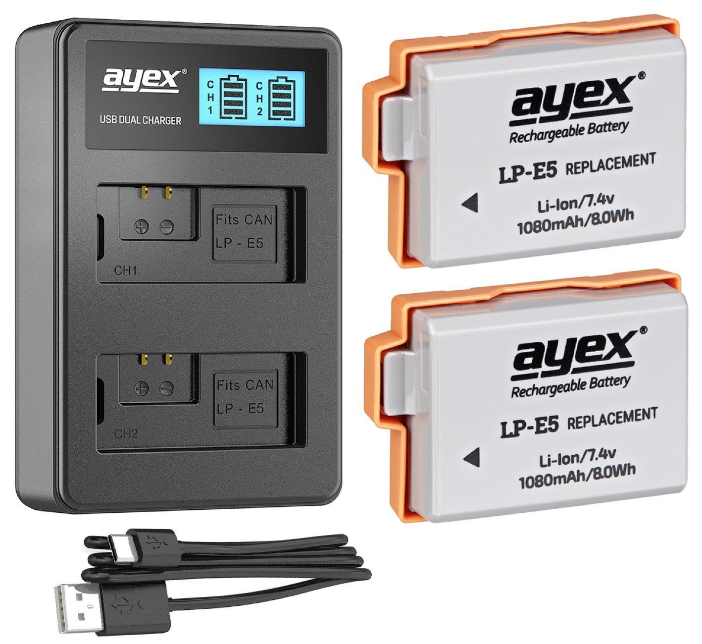 2x LP-E5 Akku für Canon + USB Dual-Ladegerät Kamera-Akku