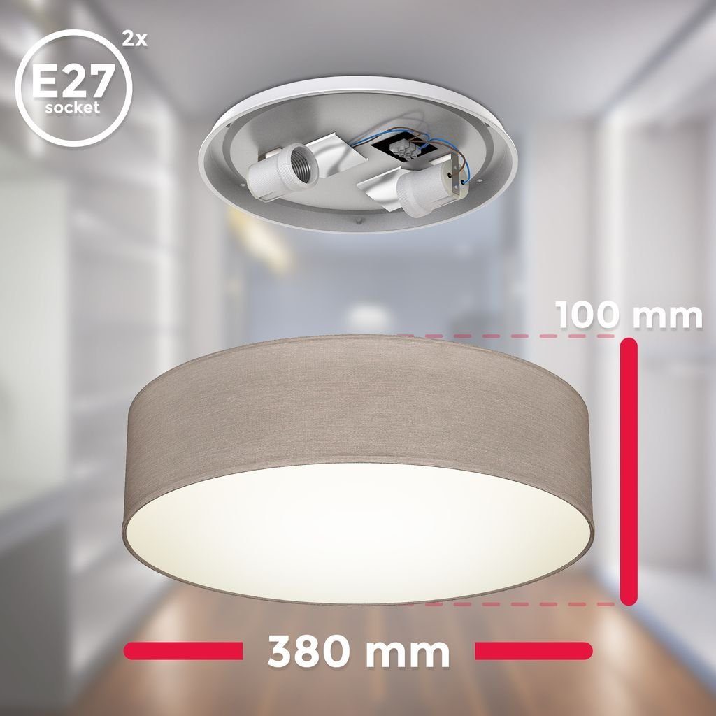 B.K.Licht Deckenleuchte Stoff-Deckenlampe Ø38cm 2-fammig mit - Stoffdeckenleuchte Schafzimmer E27 Textilschirm LED taupe Halogen, BKL1221 Küche Leuchtmittel, ohne Wohnzimmer