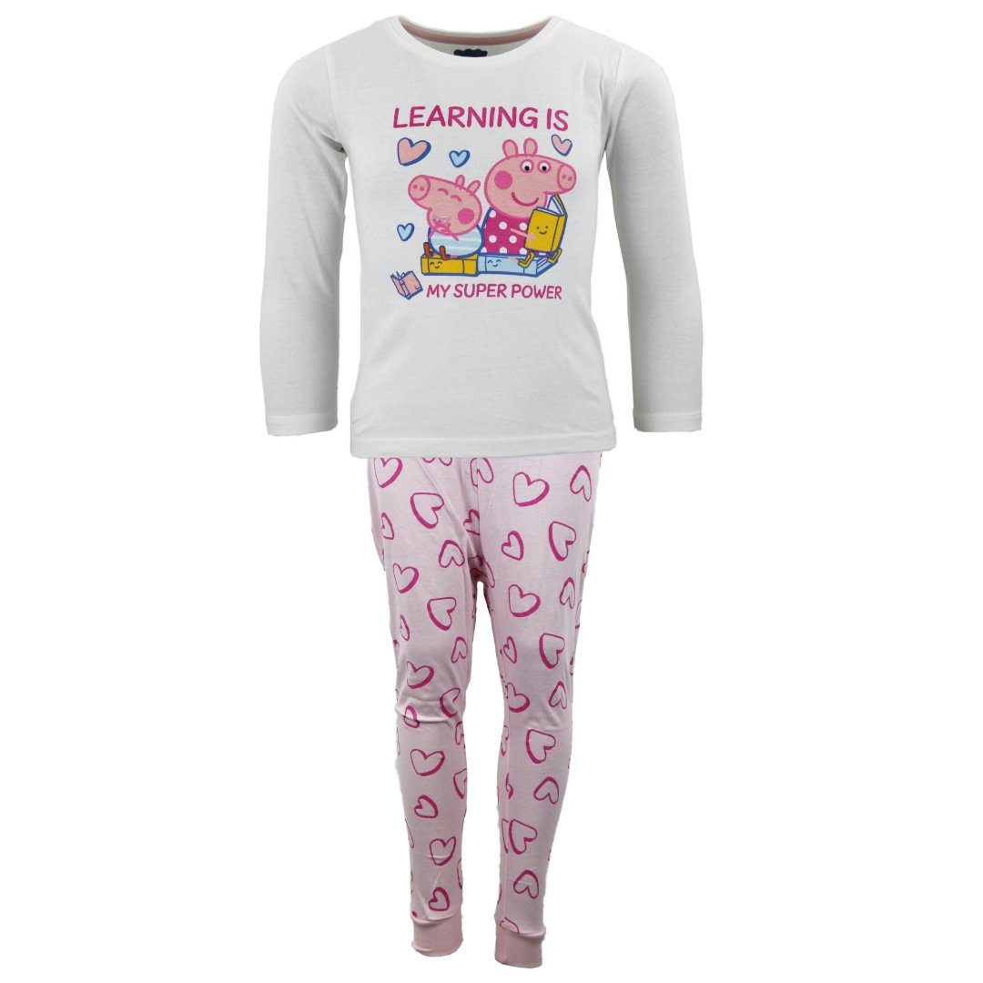 Peppa Pig Schlafanzug Peppa Wutz Mädchen Kinder Pyjama Gr. 92 bis 116, 100% Baumwolle Weiß