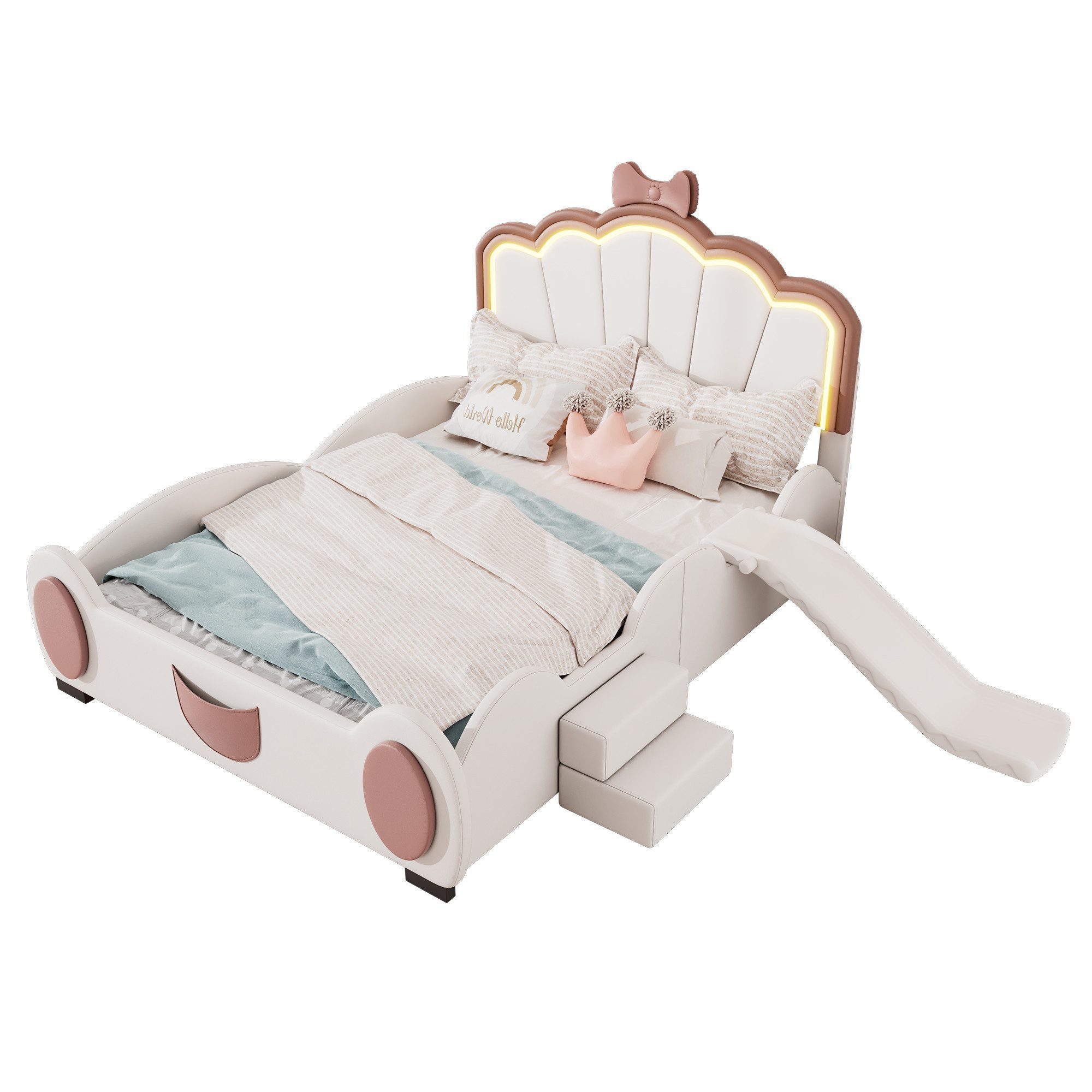 Odikalo Kinderbett Schmetterlingsbett Cartoon LED Rutsche Leiter PU 140x200cm Lila/Beige