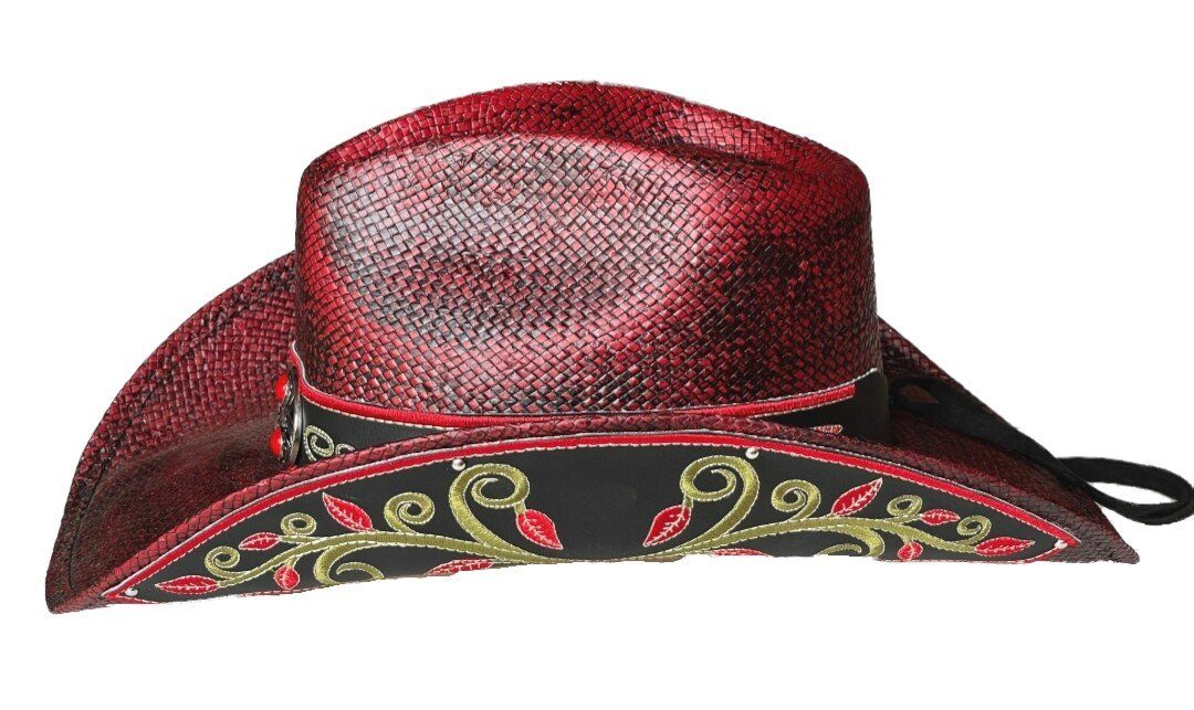 Krempe Hutband Westernhut und mit Concho Strohhut Westernlifestyle Strohhut bestickter Weinroter