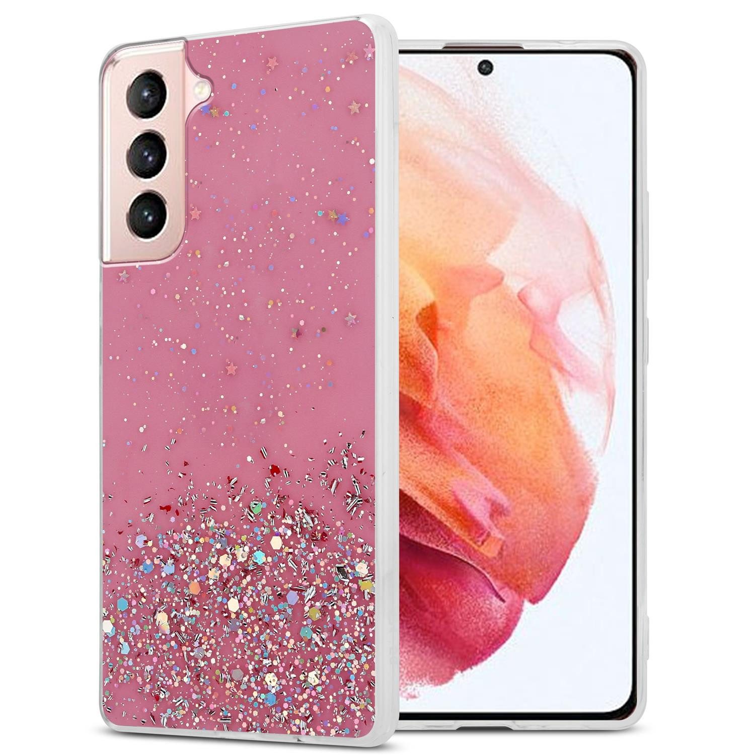 Cadorabo Handyhülle für Samsung Galaxy S21 5G Hülle Samsung Galaxy S21 5G, Flexible TPU Silikon Handy Schutzhülle - Hülle - mit Glitzer